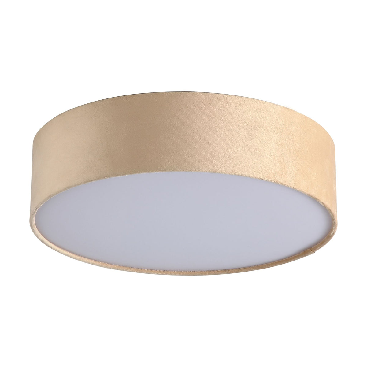 Drum champagne velvet flush ceiling light unlit on white, shallow velvet drum shade