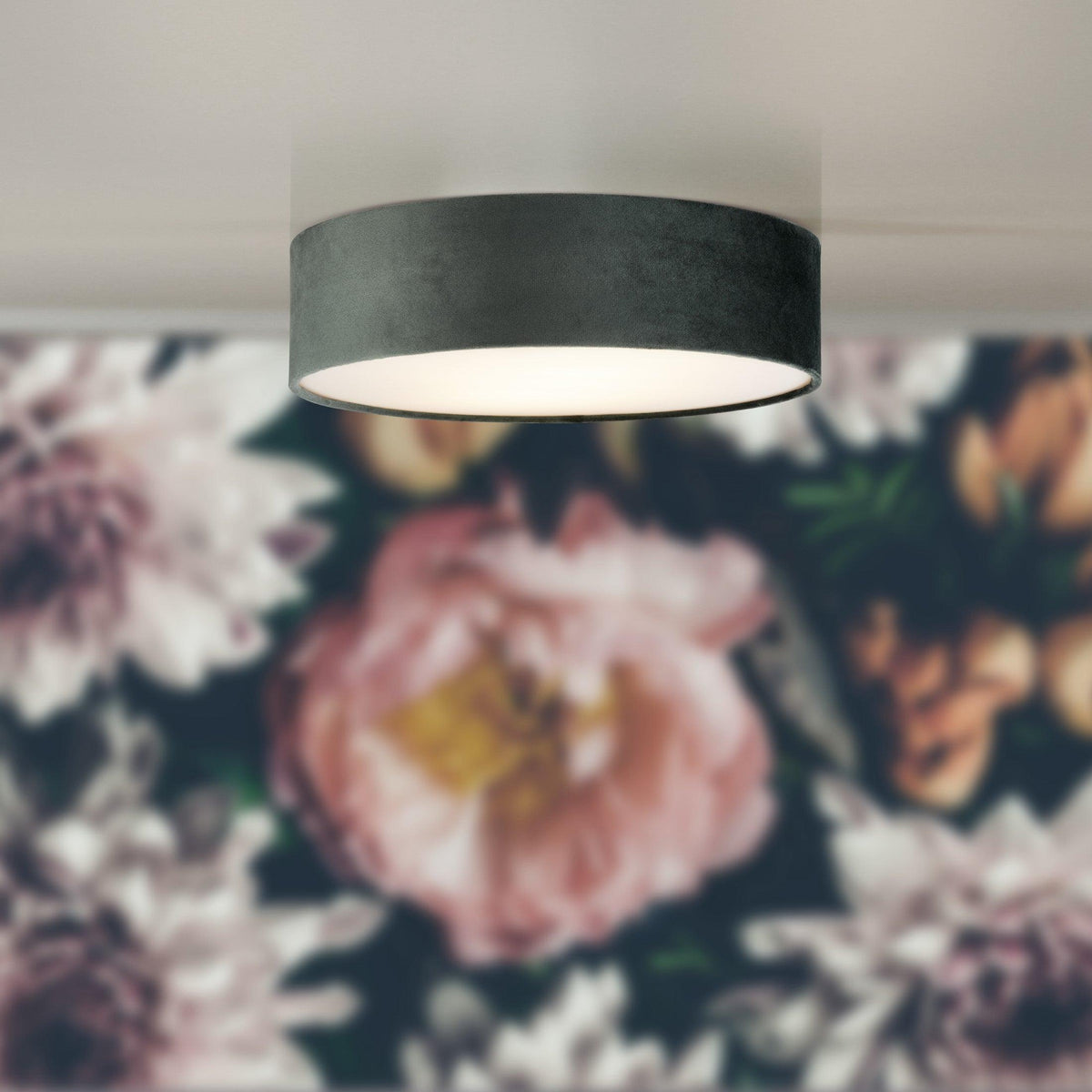 Searchlight Drum 3 Light Ceiling Flush - Grey Velvet Shade-warehouse-180926