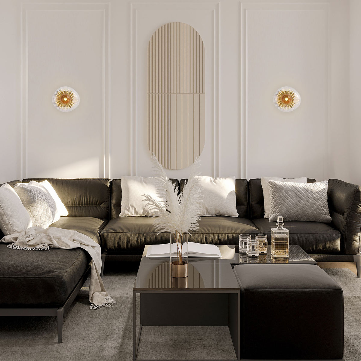Pair of Sunbeam wall lights on white panelled walls above a bronze velvet sofa and side tables