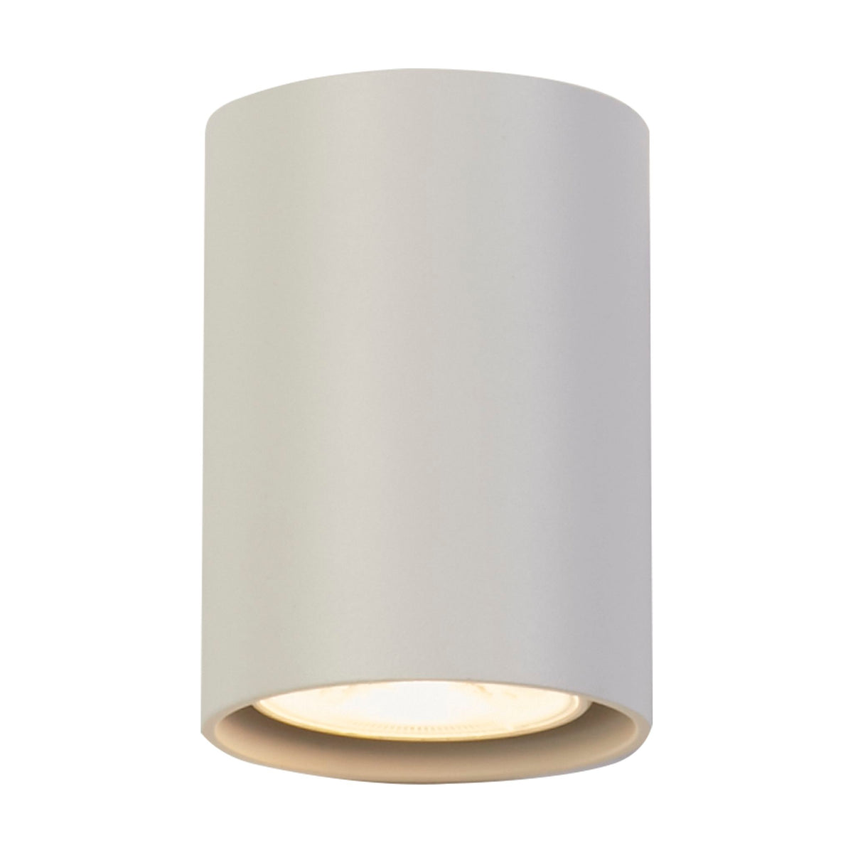 Cyls sand white wall light lit, aluminium cylinder with warm recessed lamp facing down