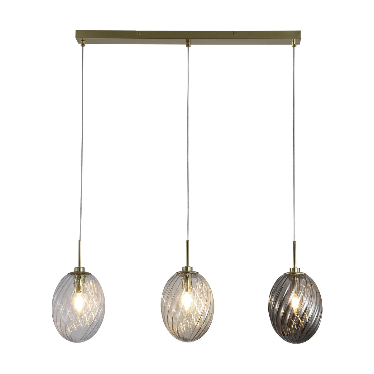 Whirl 3-light bar pendant lit in satin brass with clear amber and smoked swirled oval glass shades