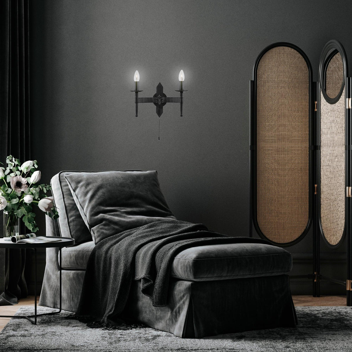 Searchlight Cartwheel II 2 Light Black Wrought Iron Wall Light-OB-180926
