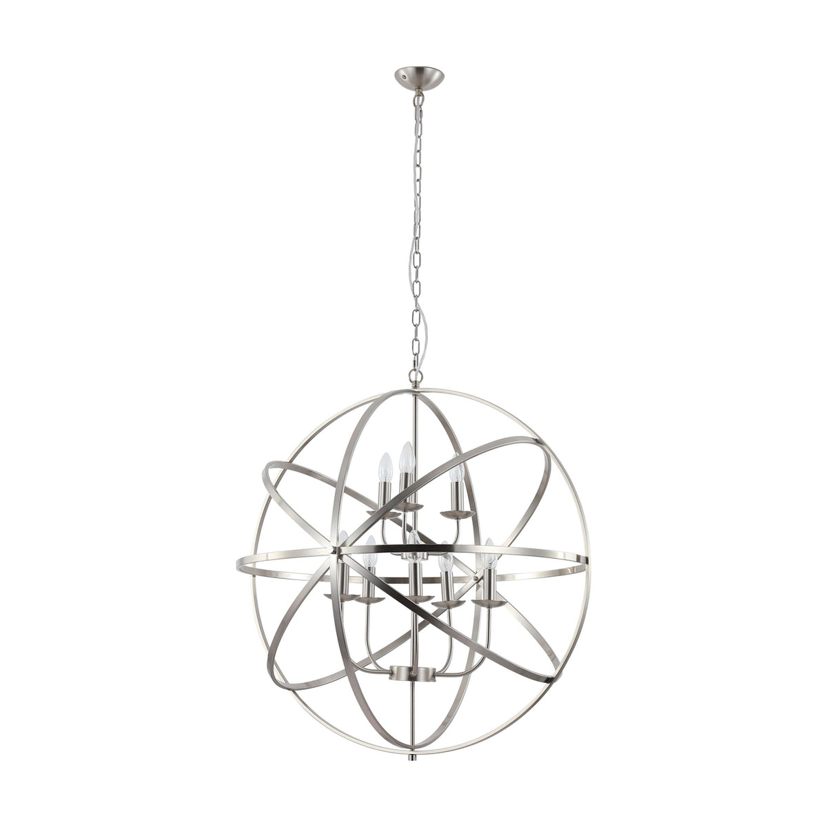 Orbit satin silver cage frame chandelier unlit on a white studio background