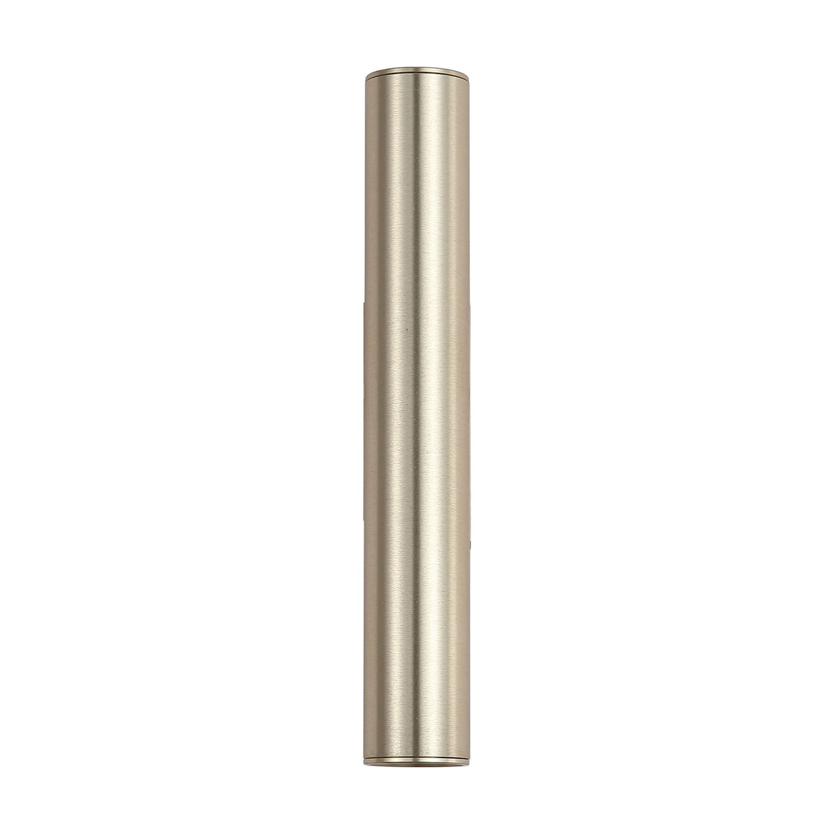 Beacon gold wall light unlit, tall slim brushed brass tube on a white studio background