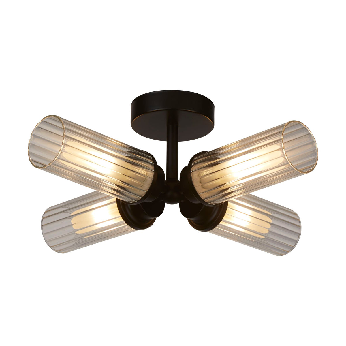 Imperial black IP44 flush ceiling light with four lit ribbed glass cylinder shades on a black frame
