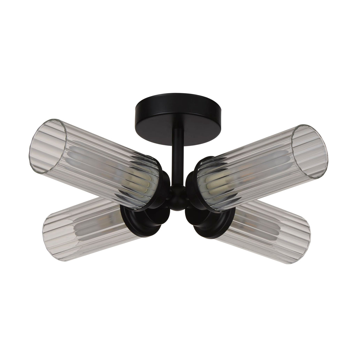 Imperial black bathroom flush ceiling light with four ribbed glass cylinders, unlit on white