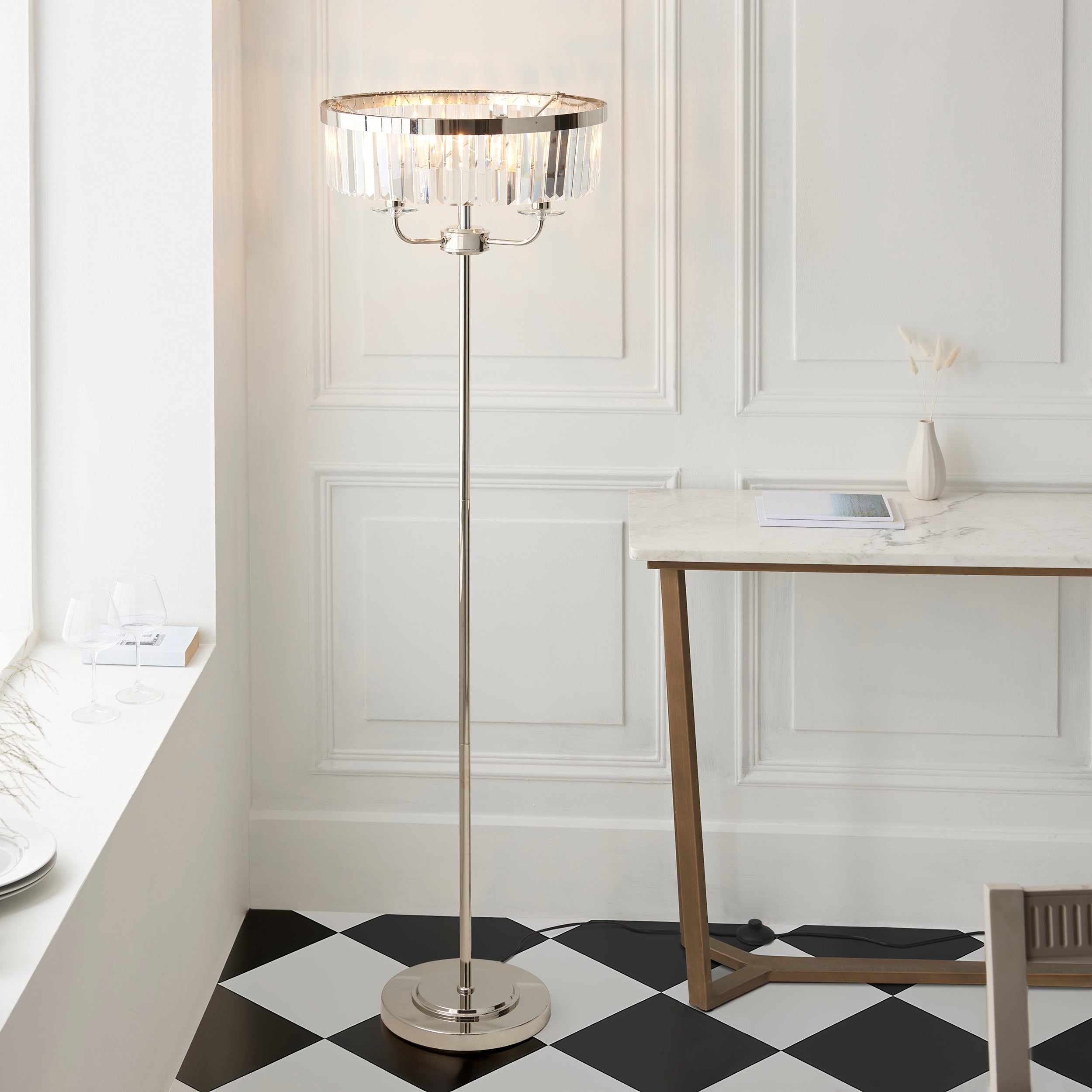 Ealing 3 Light Round Nickel & Clear Cut Glass Floor Lamp