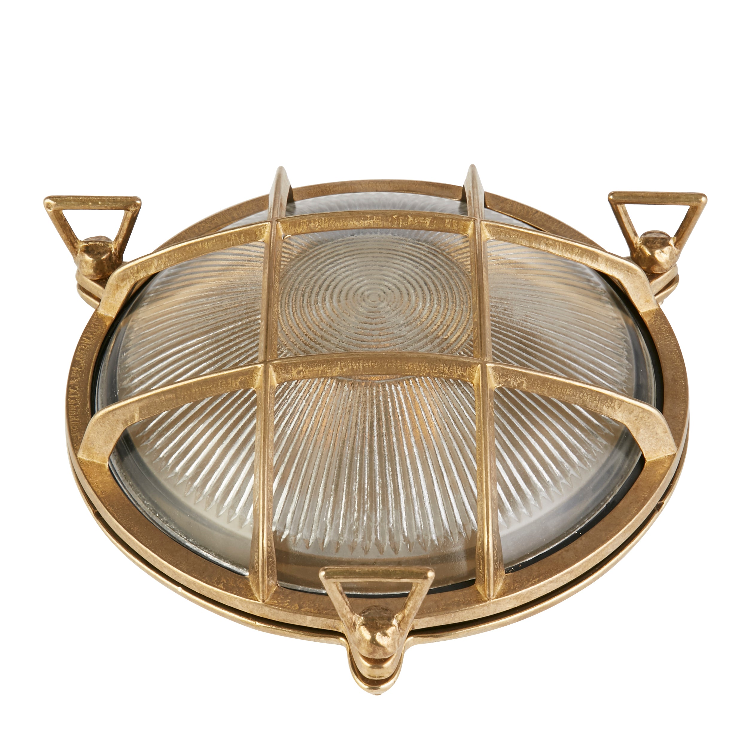 Searchlight Bulkhead Round Solid Brass IP64 Outdoor Wall Light - Ribbed Glass