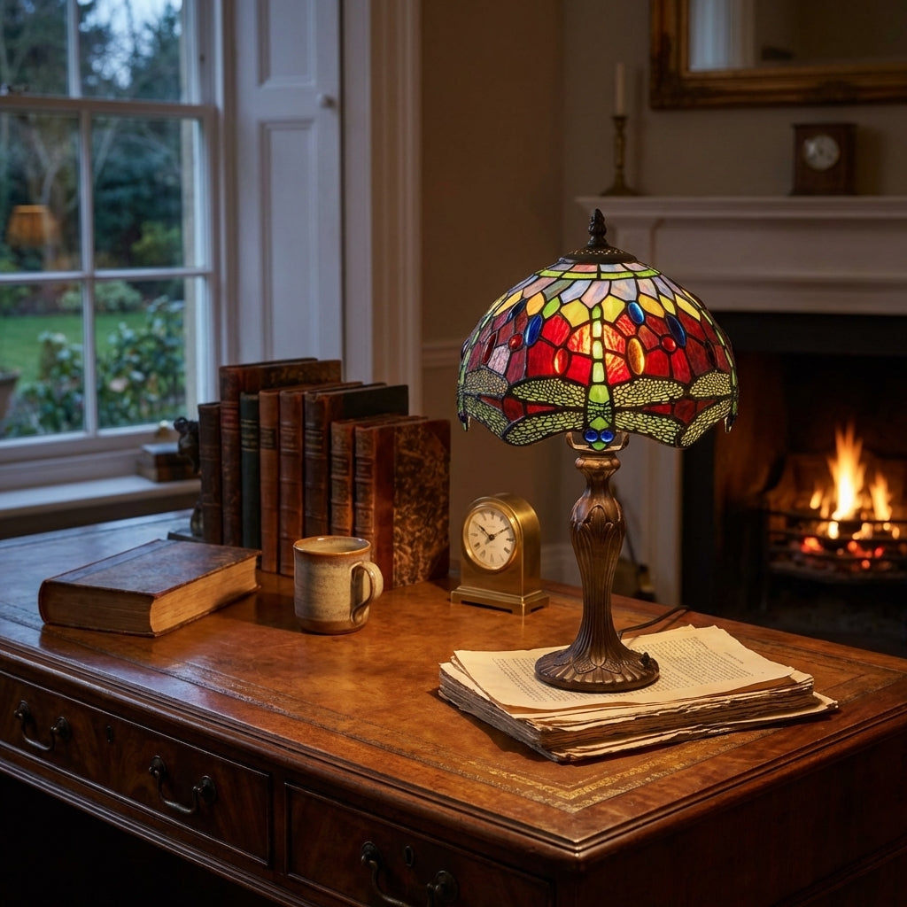 Minster 10" Red Dragonfly Tiffany Table Lamp