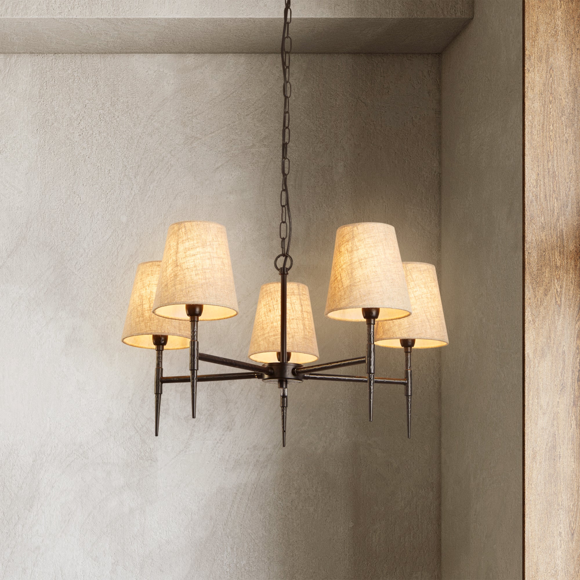Searchlight Gothic 5 Light Hammered Black Pendant - Natural Linen Shades