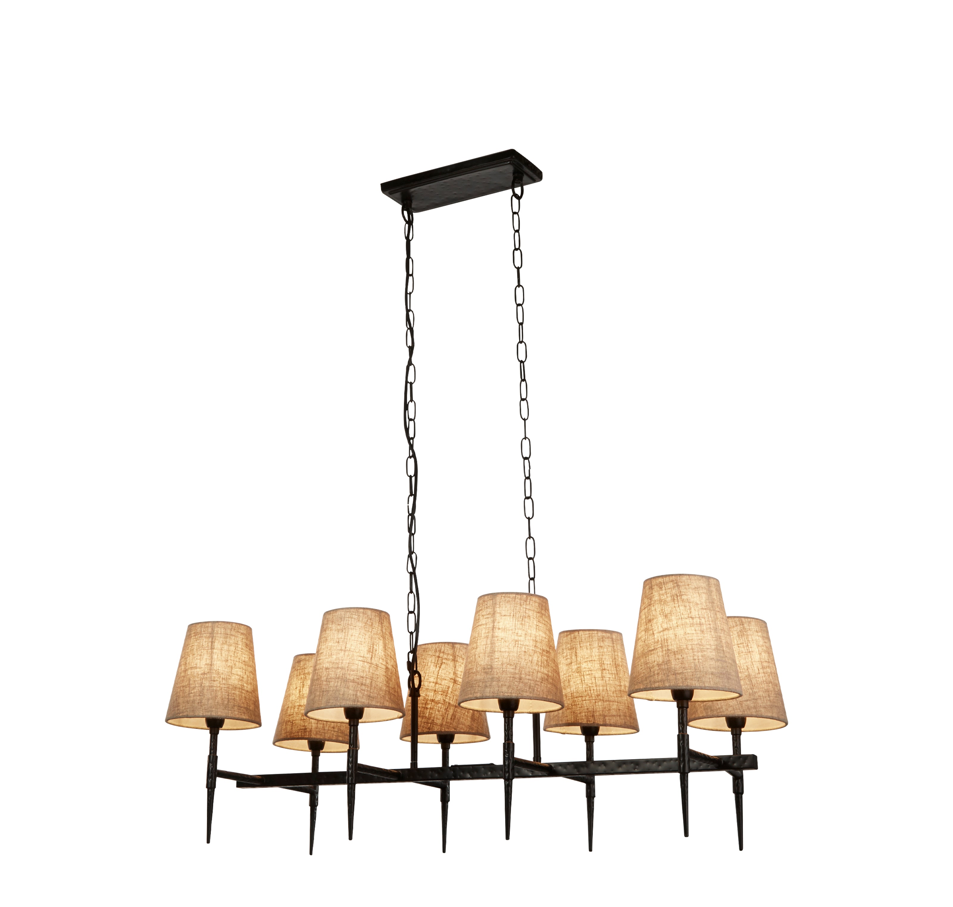 Searchlight Gothic 8 Light Hammered Black Pendant - Natural Linen Shades