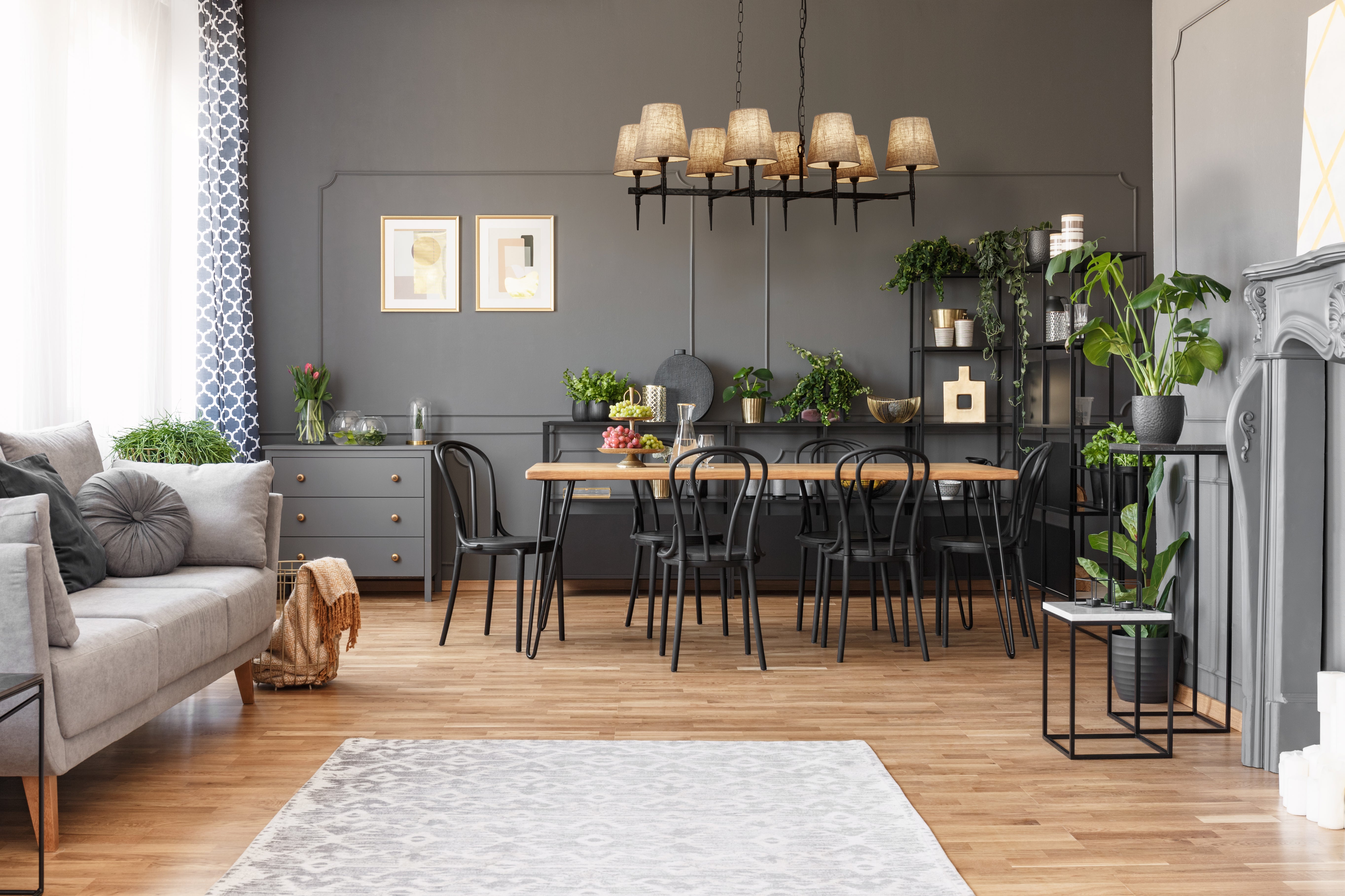 Searchlight Gothic 8 Light Hammered Black Pendant - Natural Linen Shades