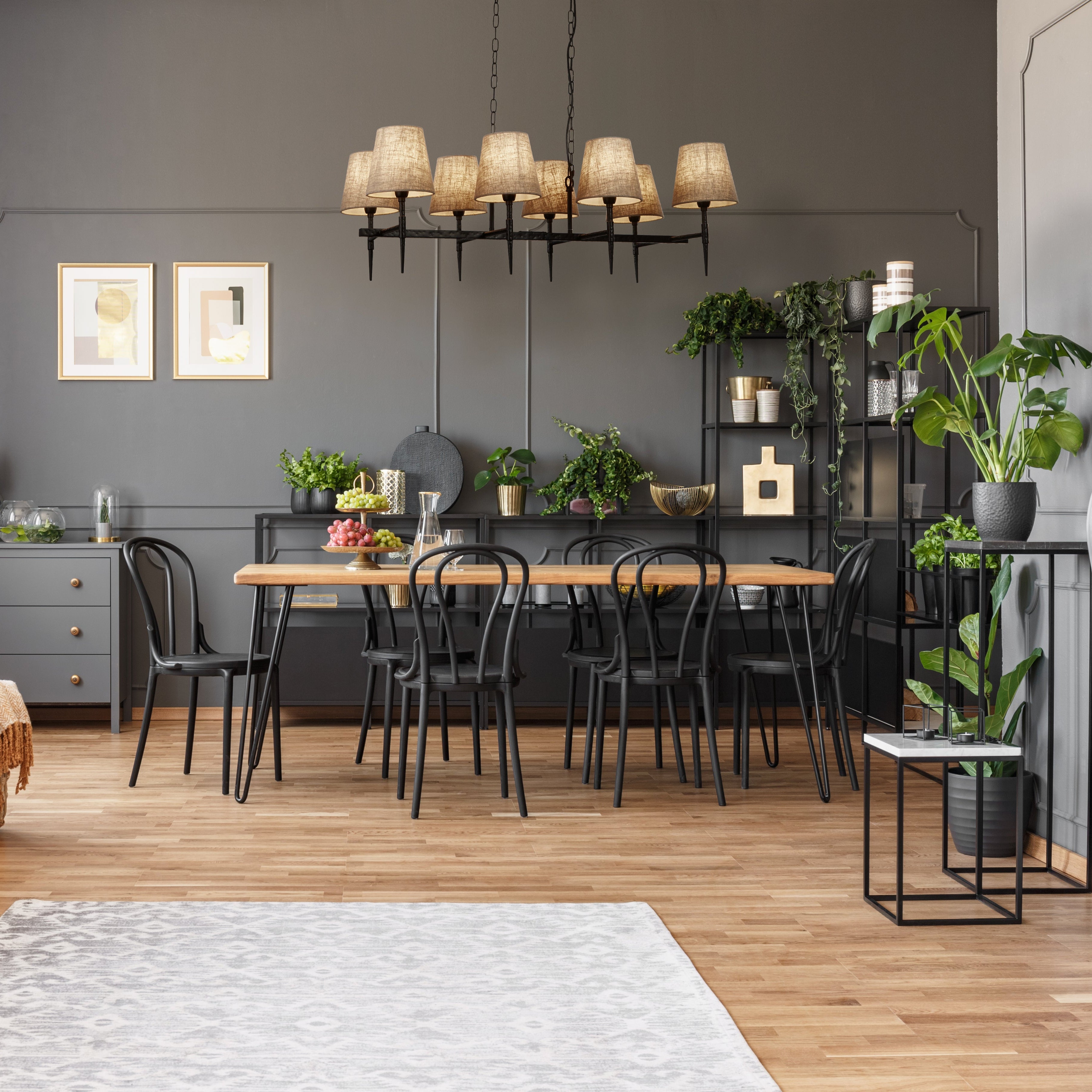 Searchlight Gothic 8 Light Hammered Black Pendant - Natural Linen Shades by Searchlight Lighting