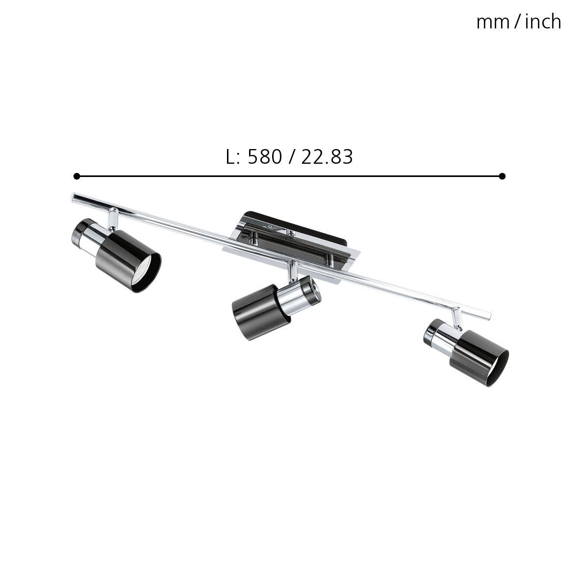 eglo davida 1 black nickel chrome 3 light bar spotlight living room close up