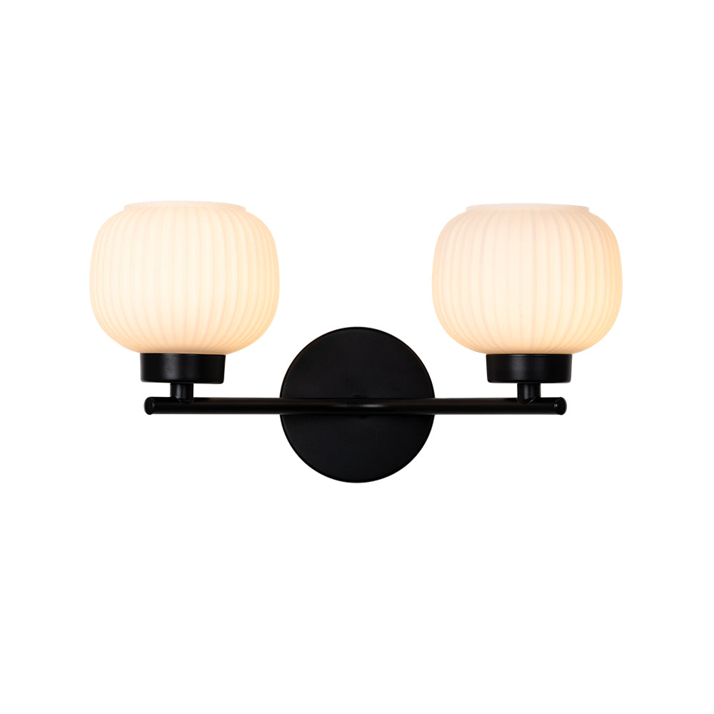 Hadden 2 Light Black Wall Light - Ribbed Opal Shades