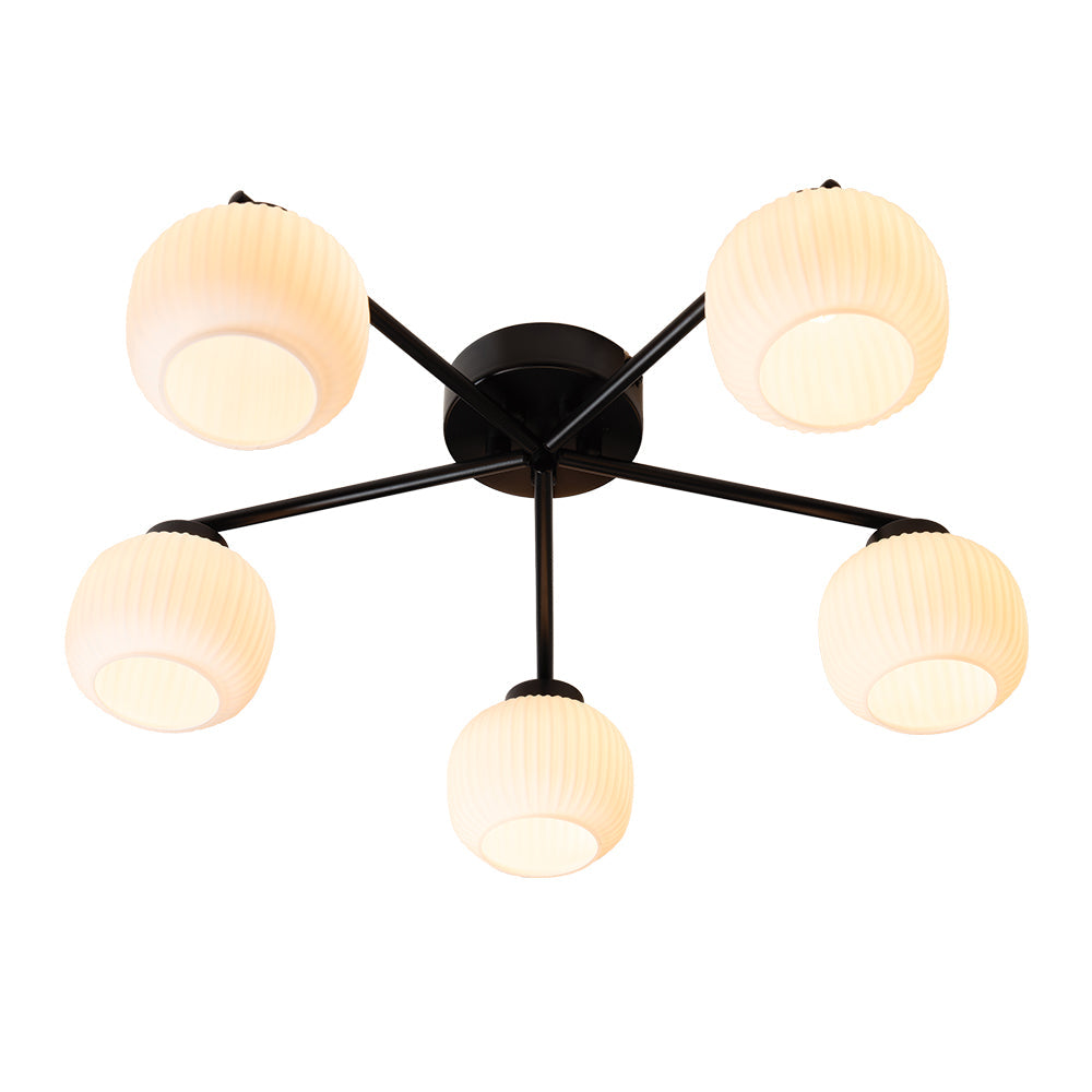 Hadden 5 Light Black Semi-Flush - Opal Ribbed Glass Shades-warehouse-180926