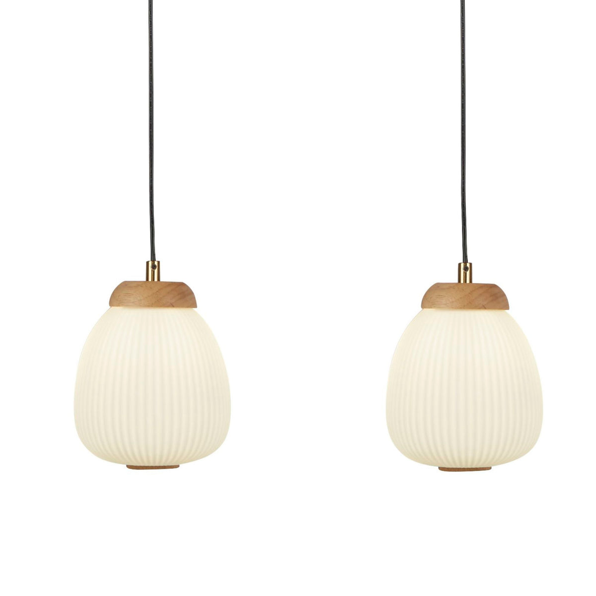 Close-up of two Ella opal ribbed glass shades with wood and brass top fittings