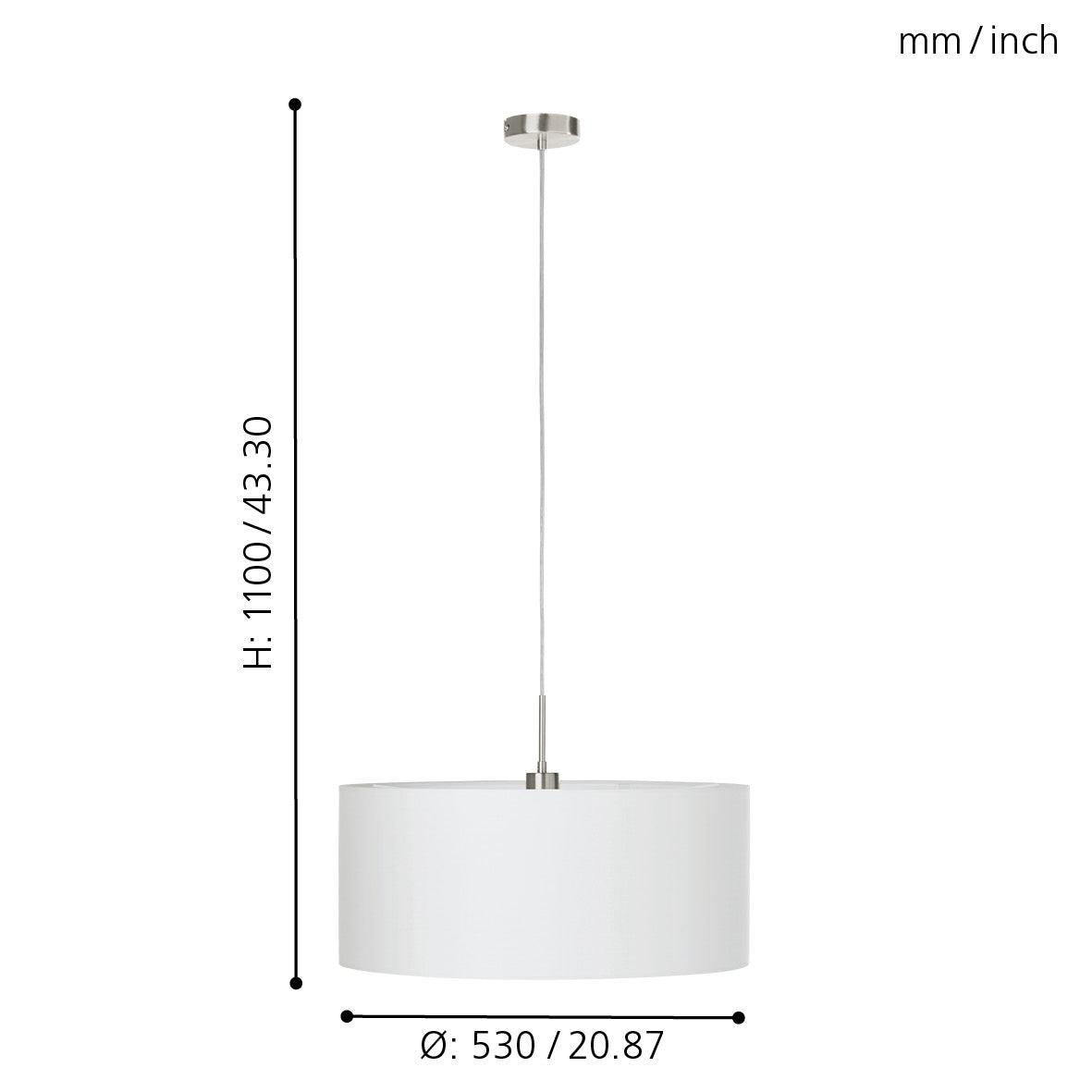 eglo pasteri nickel ceiling pendant with fabric white shade 53cm living room close up