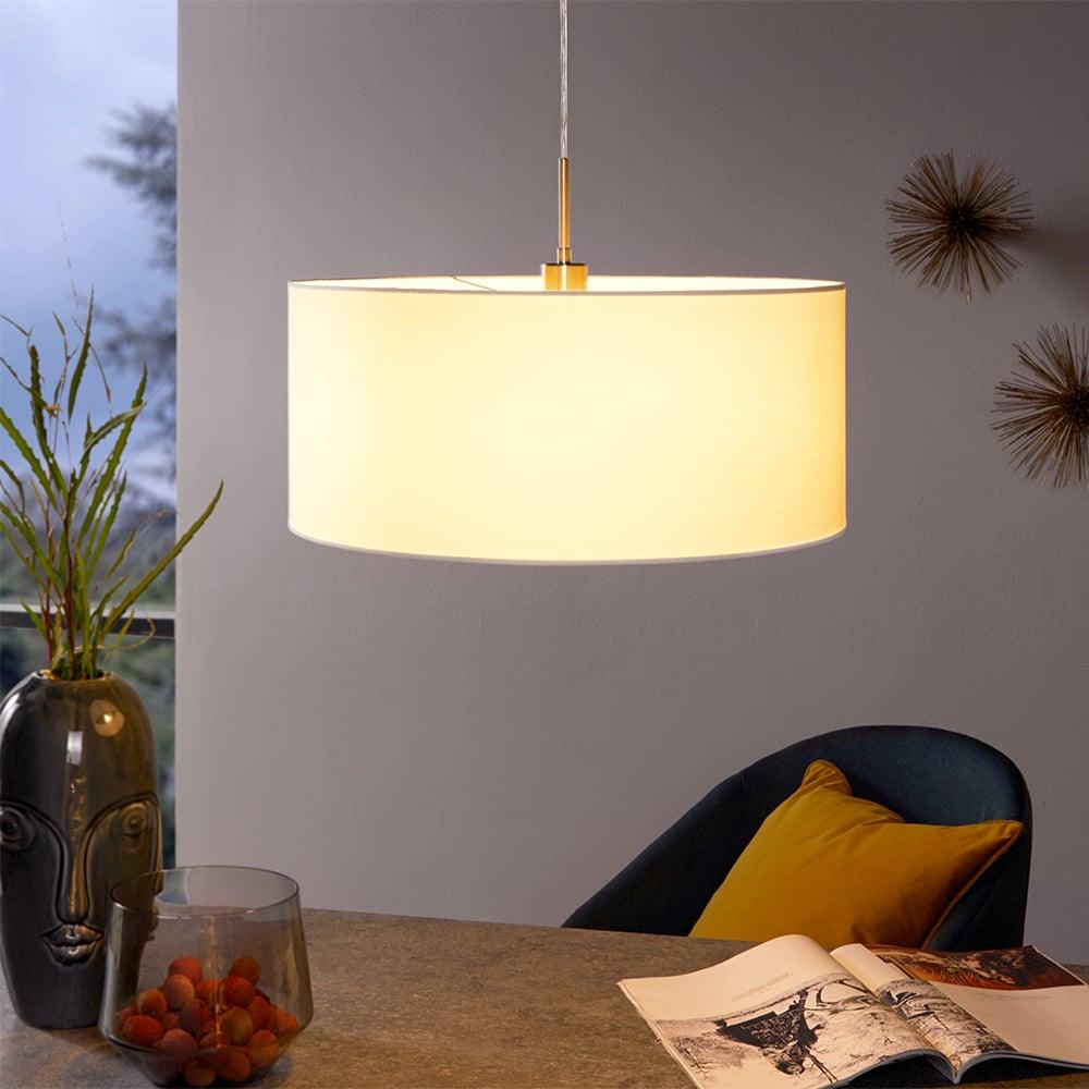 eglo pasteri nickel ceiling pendant with fabric white shade 53cm