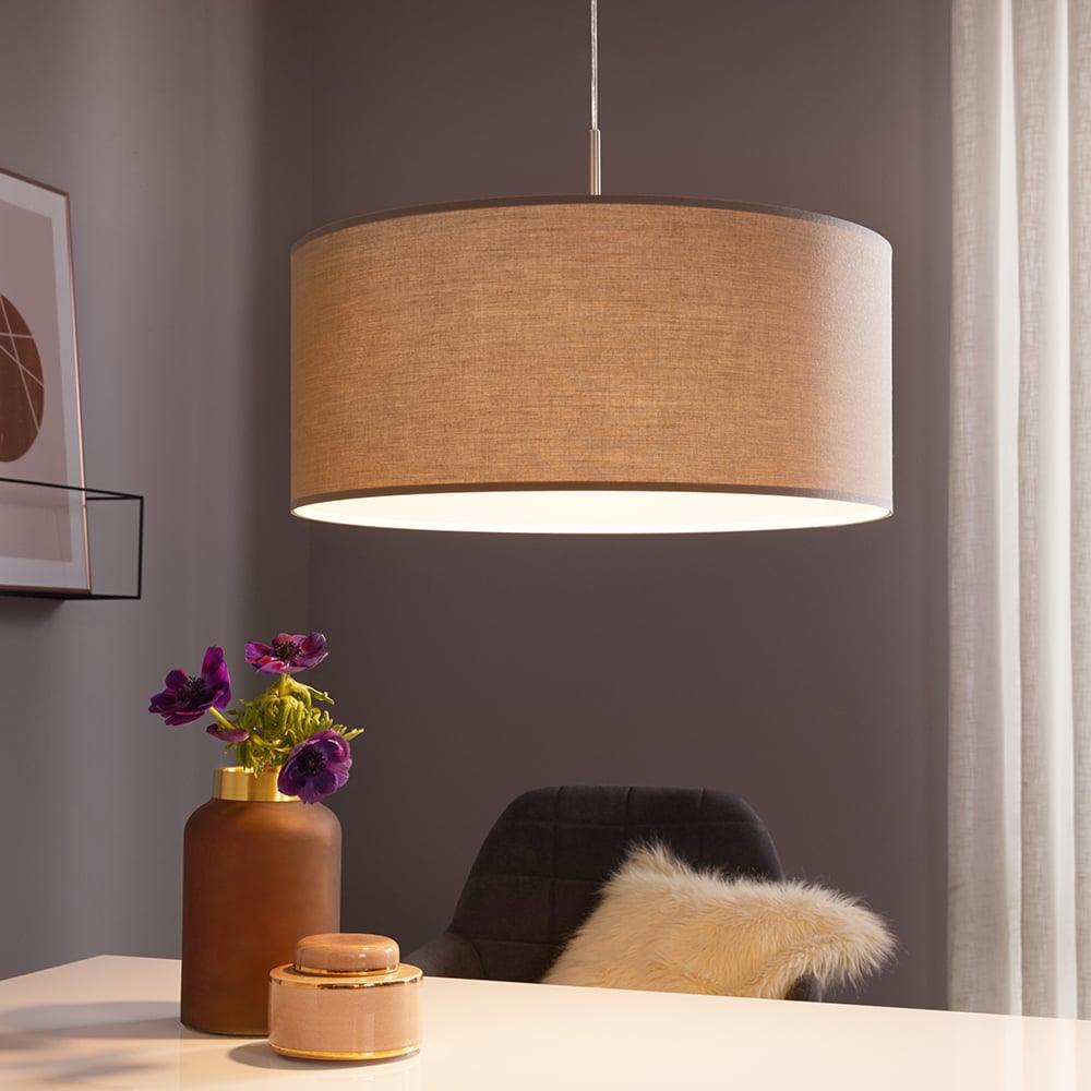 eglo pasteri nickel ceiling pendant with fabric taupe shade 53cm living room image
