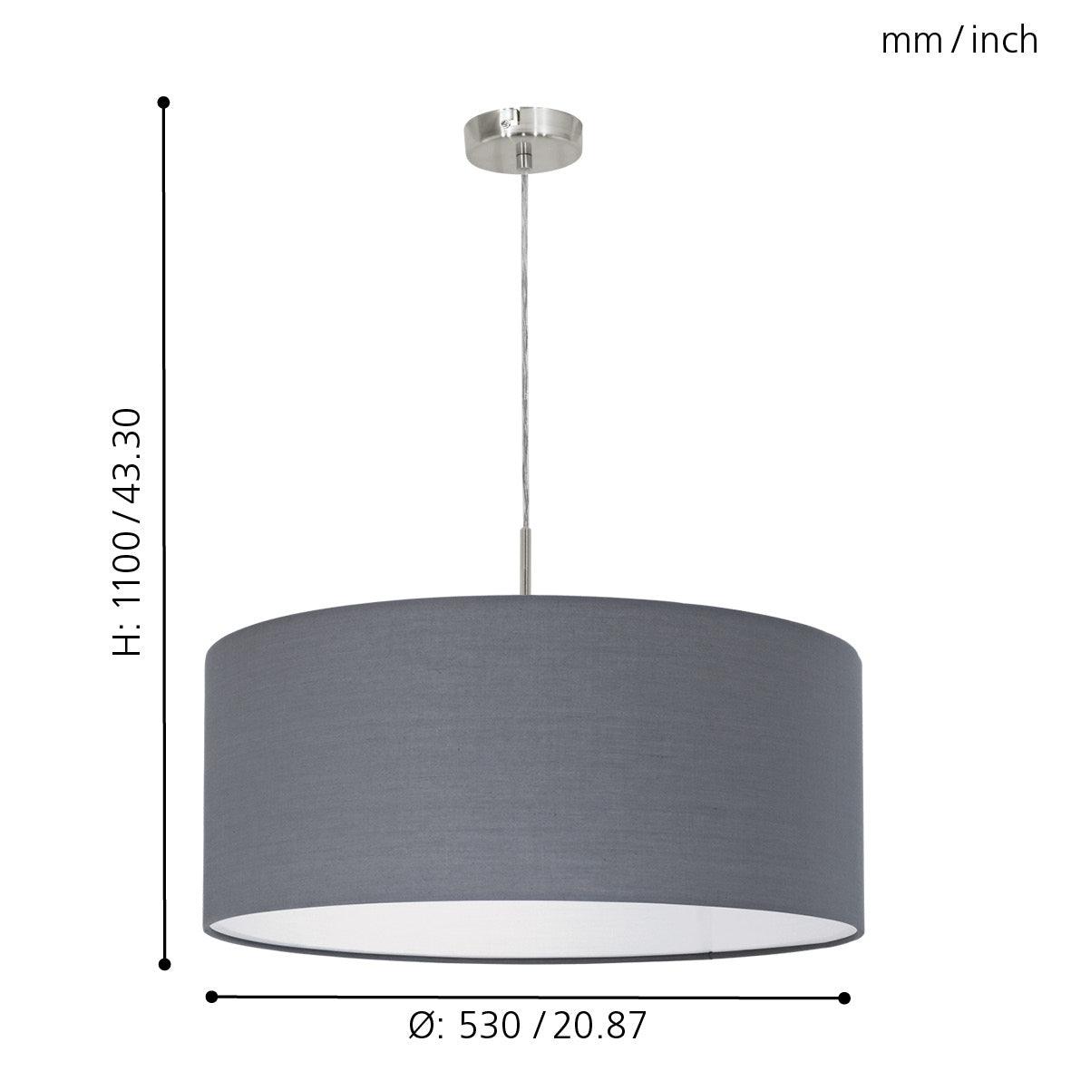 eglo pasteri nickel ceiling pendant with grey fabric shade 53cm kitchen lighting