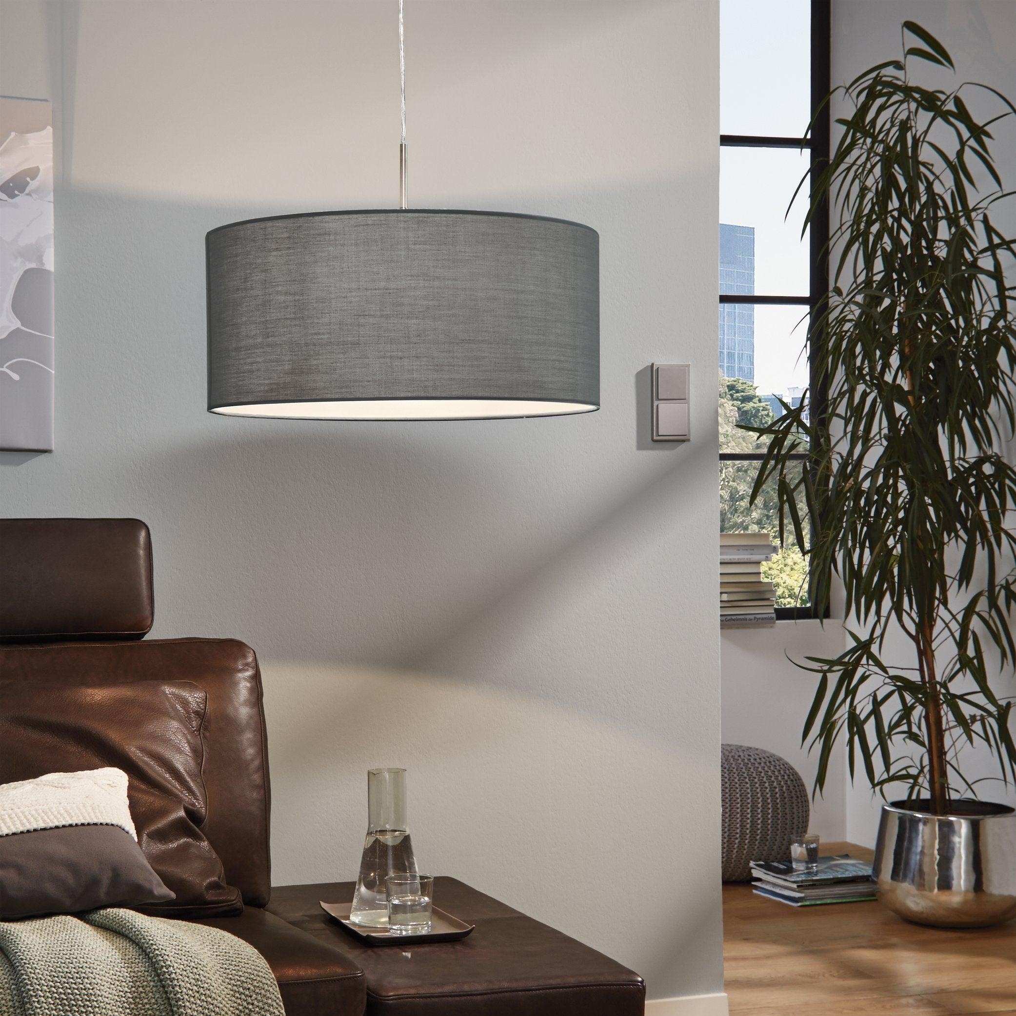 eglo pasteri nickel ceiling pendant with grey fabric shade 53cm