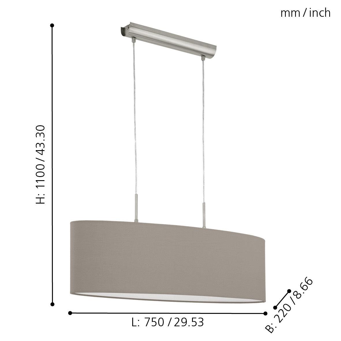 eglo pasteri nickel ceiling pendant with oval taupe shade 75cm living room close up