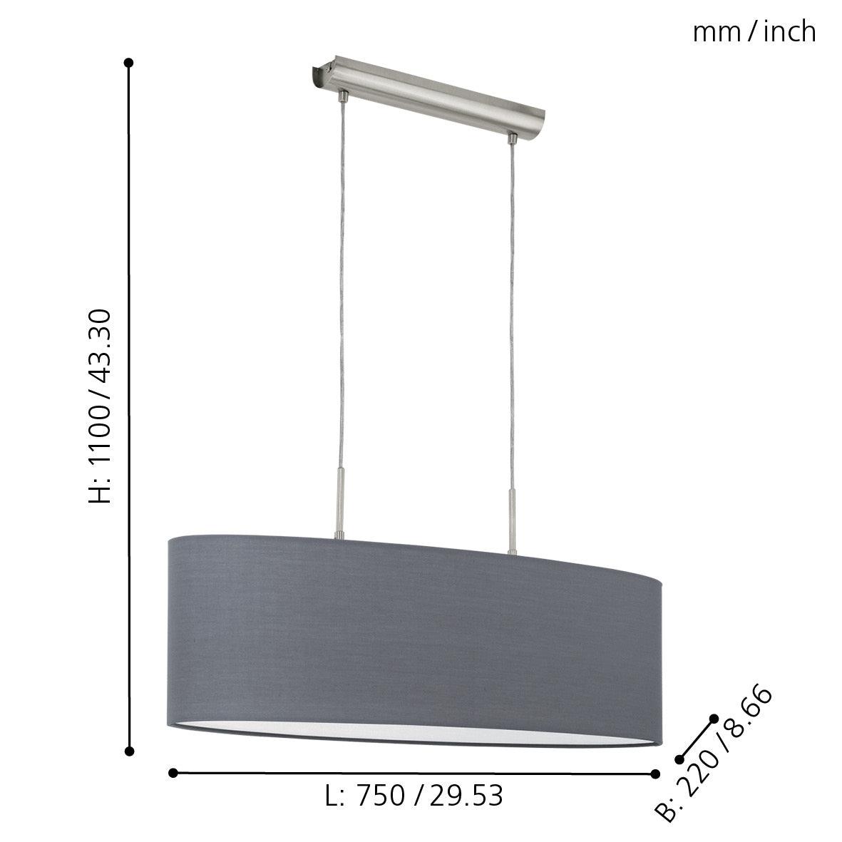 eglo pasteri nickel ceiling pendant with oval grey shade 75cm living room close up