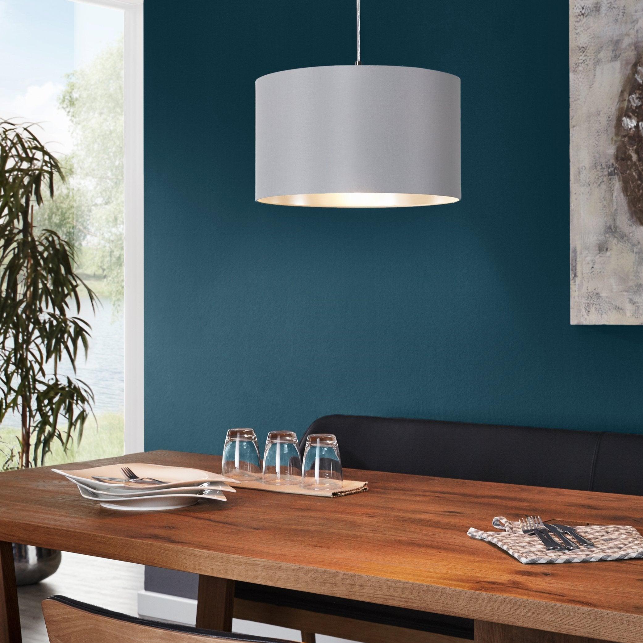 eglo maserlo nickel ceiling pendant with fabric grey silver shade