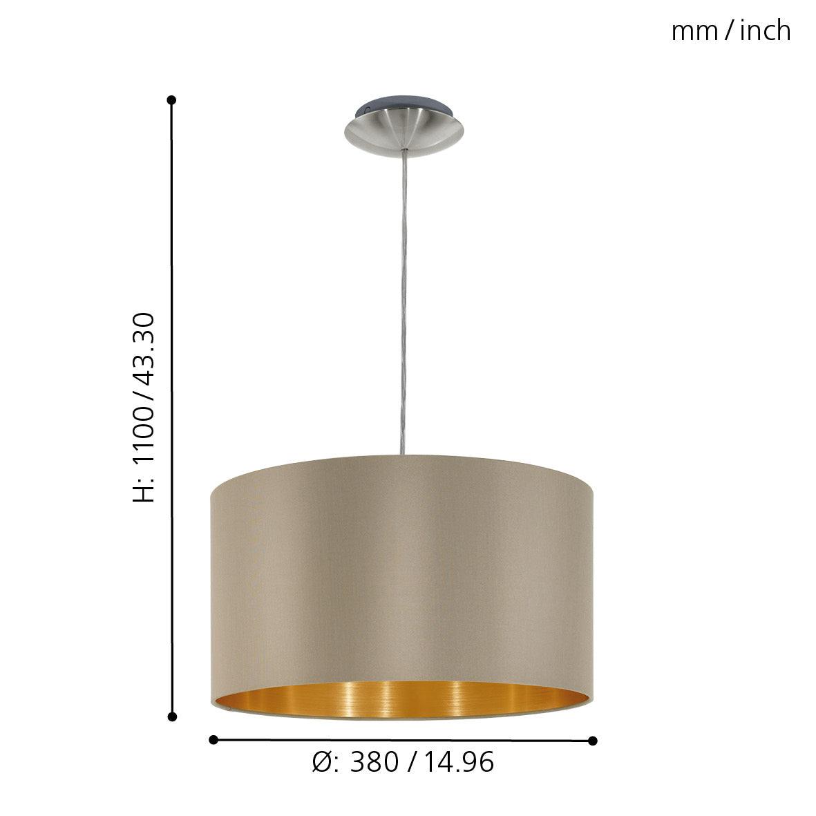 eglo maserlo nickel ceiling pendant with fabric taupe gold shade living room close up