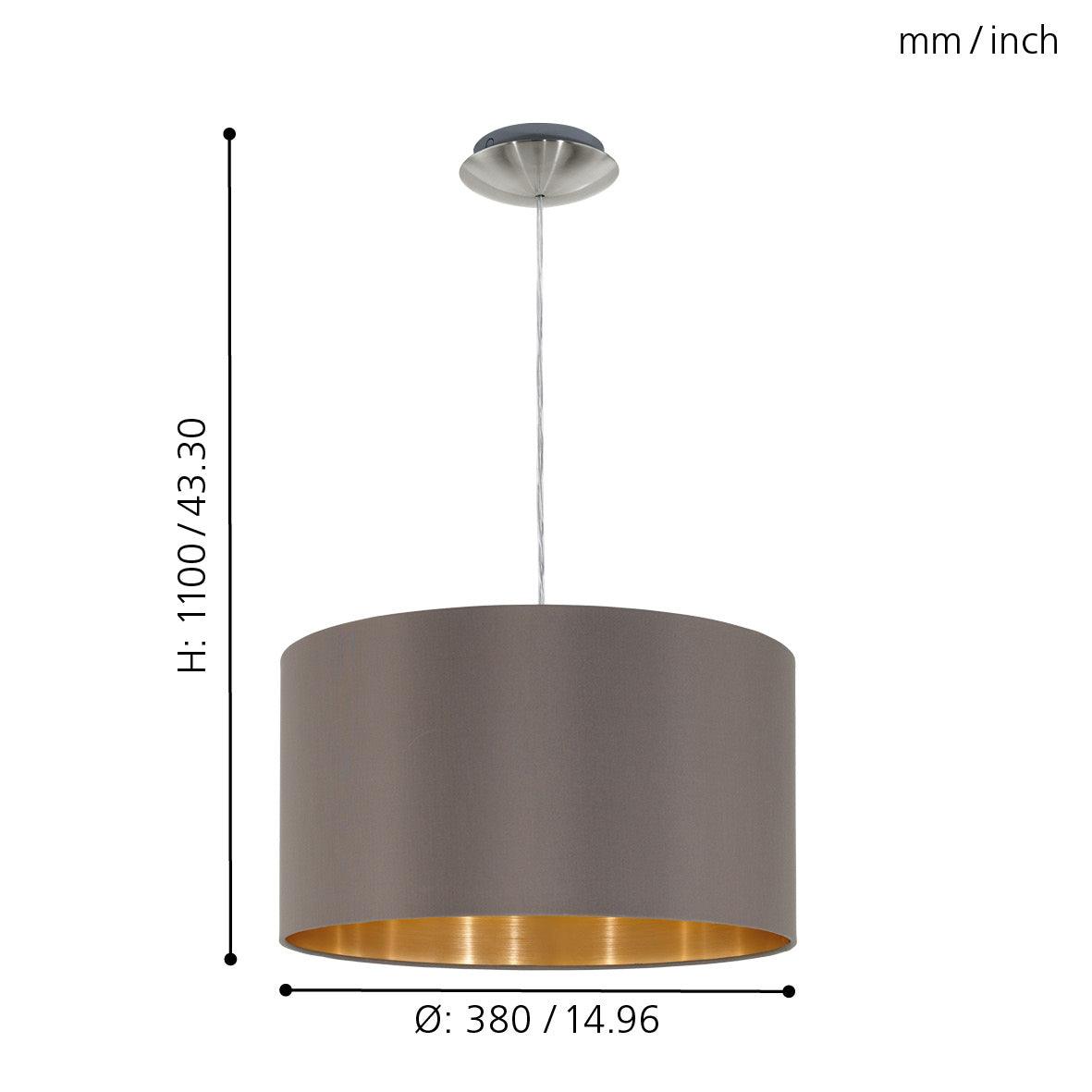 eglo maserlo nickel ceiling pendant with fabric brown gold shade living room close up