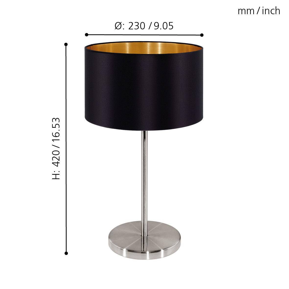 eglo maserlo nickel table lamp with black gold fabric shade living room close up