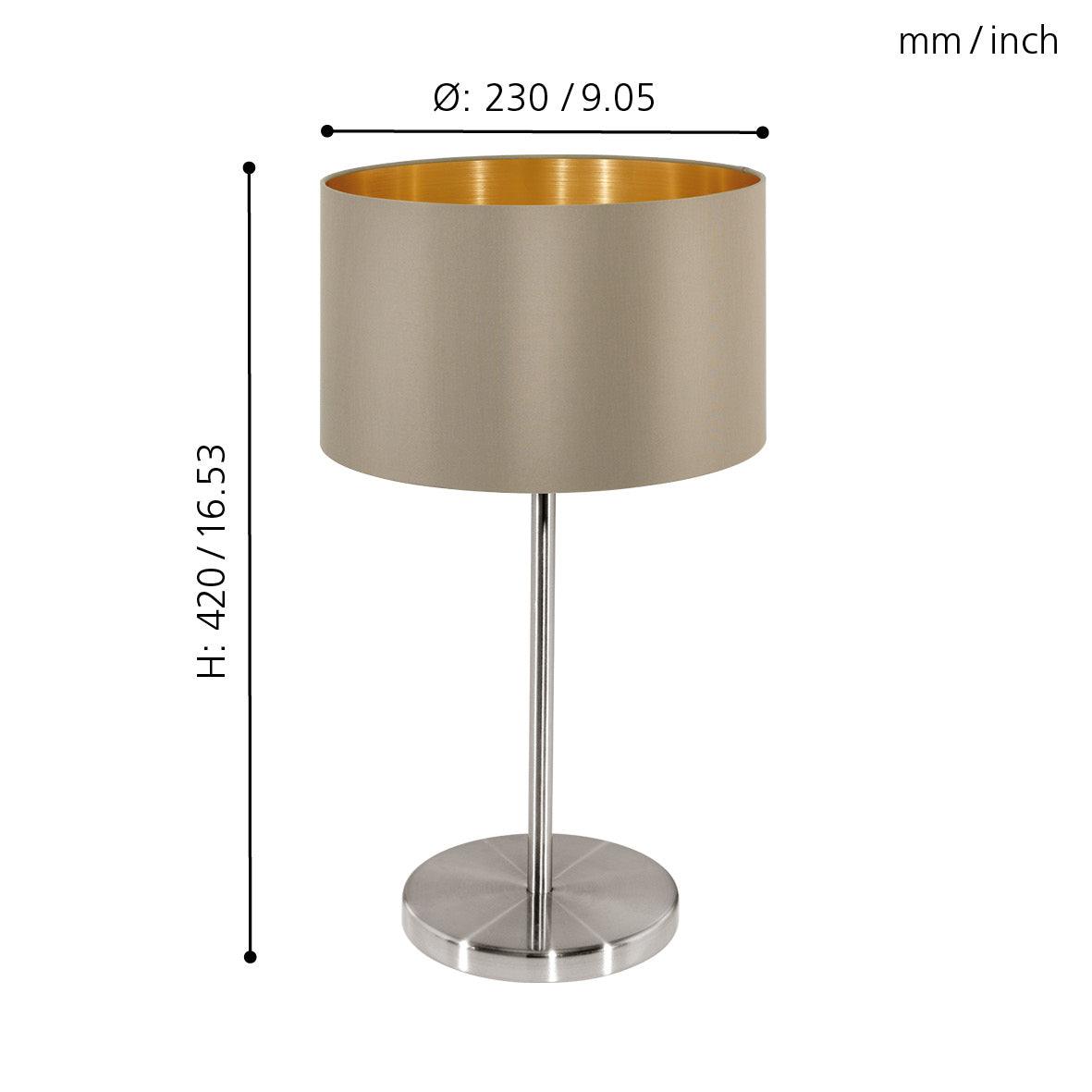 eglo maserlo nickel table lamp with taupe gold fabric shade living room close up