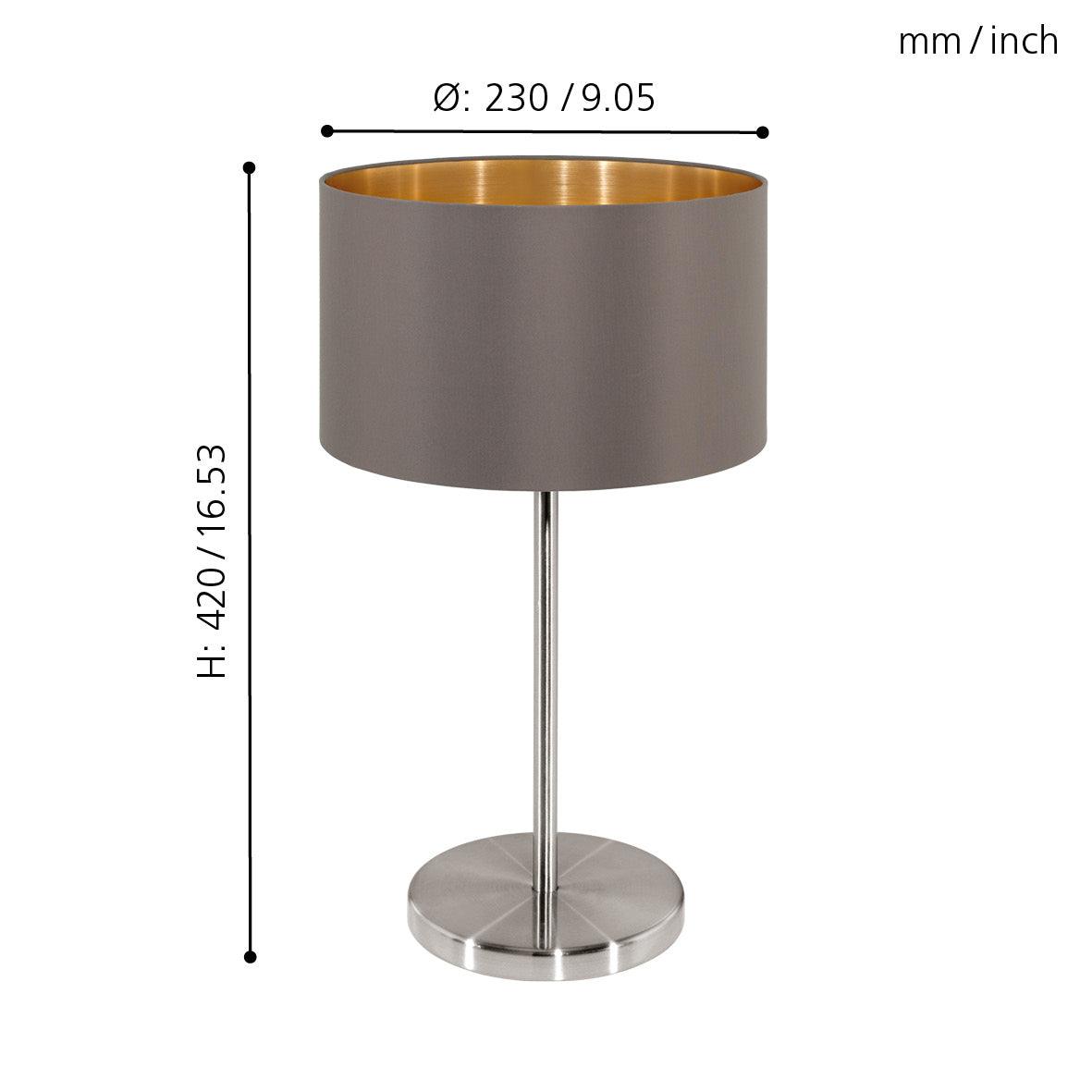 eglo maserlo nickel table lamp with brown gold fabric shade living room close up