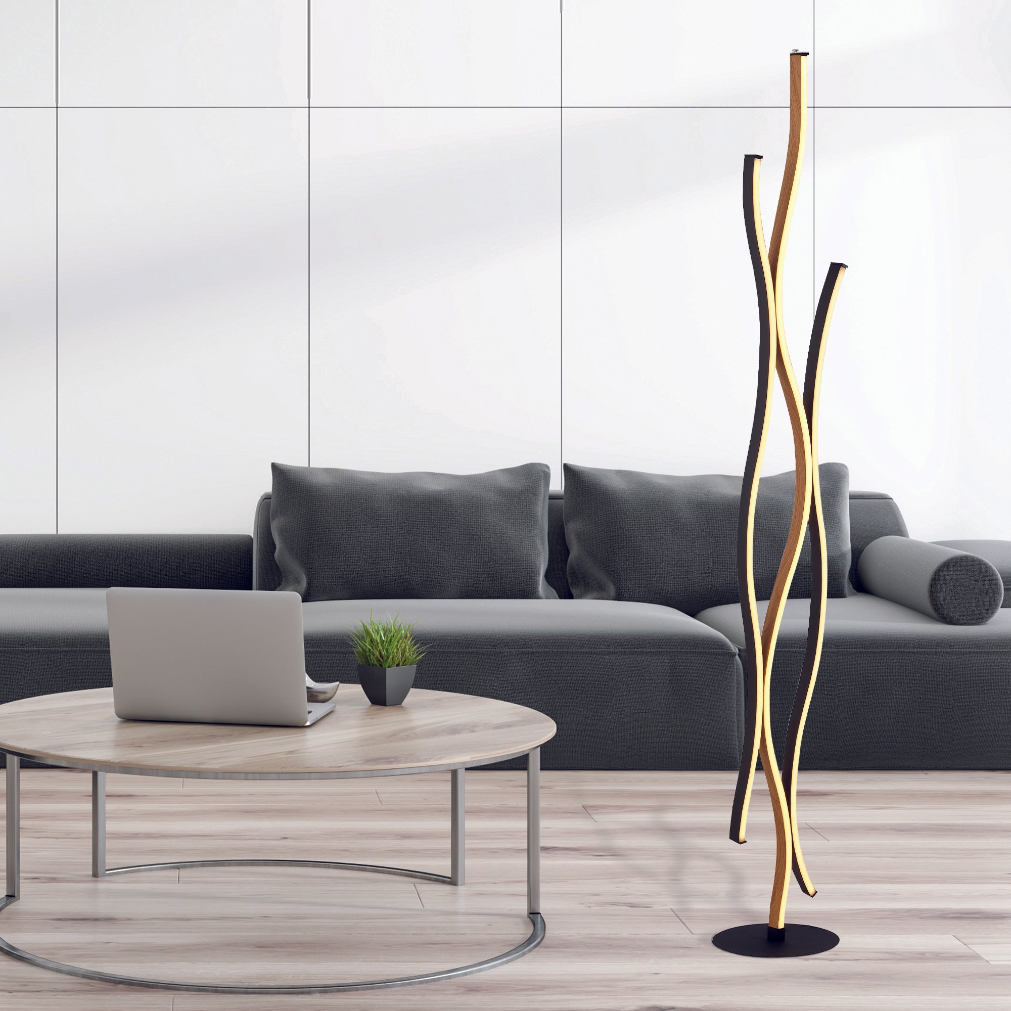 Searchlight Bloom Black & Wood Effect Floor Lamp