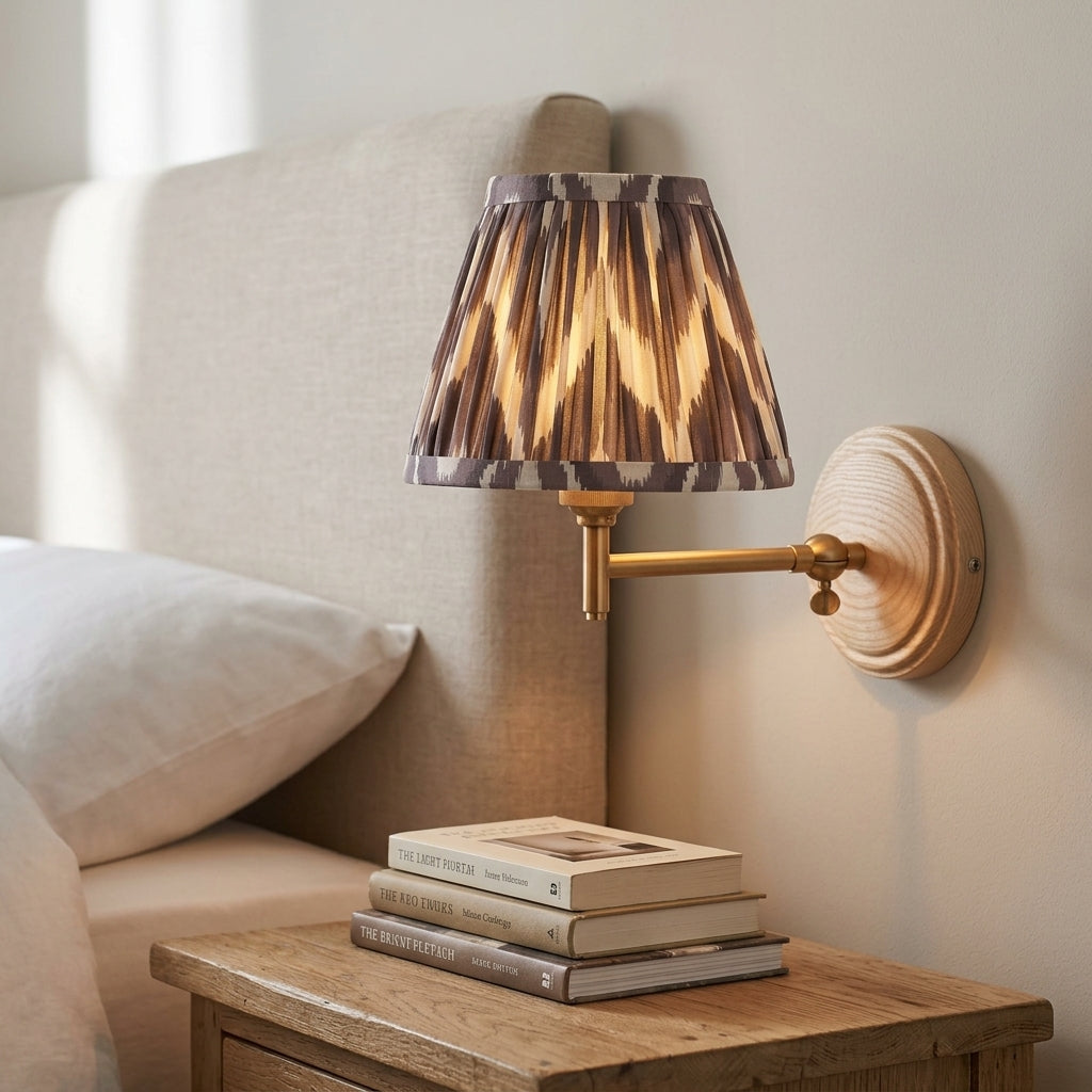 Wood Fold Wall Light & Zigzag 16cm Pearl Grey Shade by Endon Lighting — suits living rooms, bedrooms & hallways