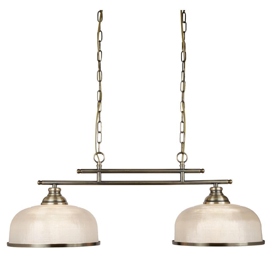 Bistro II 2 Light Brushed Brass Bar Pendant - Holophane Glass Shades-Ceiling Pendant Lights-1-Tiffany Lighting Direct