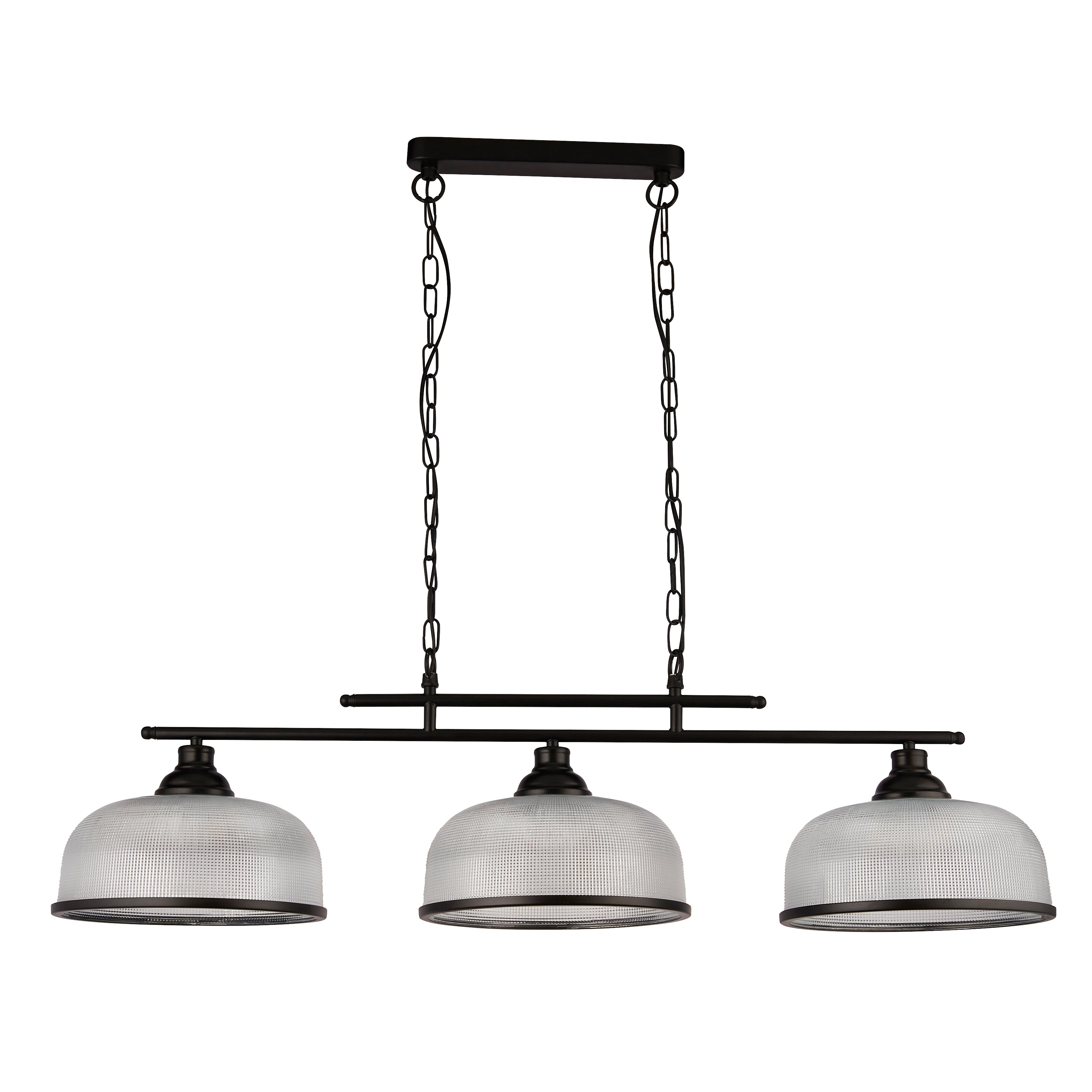 Searchlight Highworth 3 Light Black Bar Pendant - Holophane Style Glass Shade