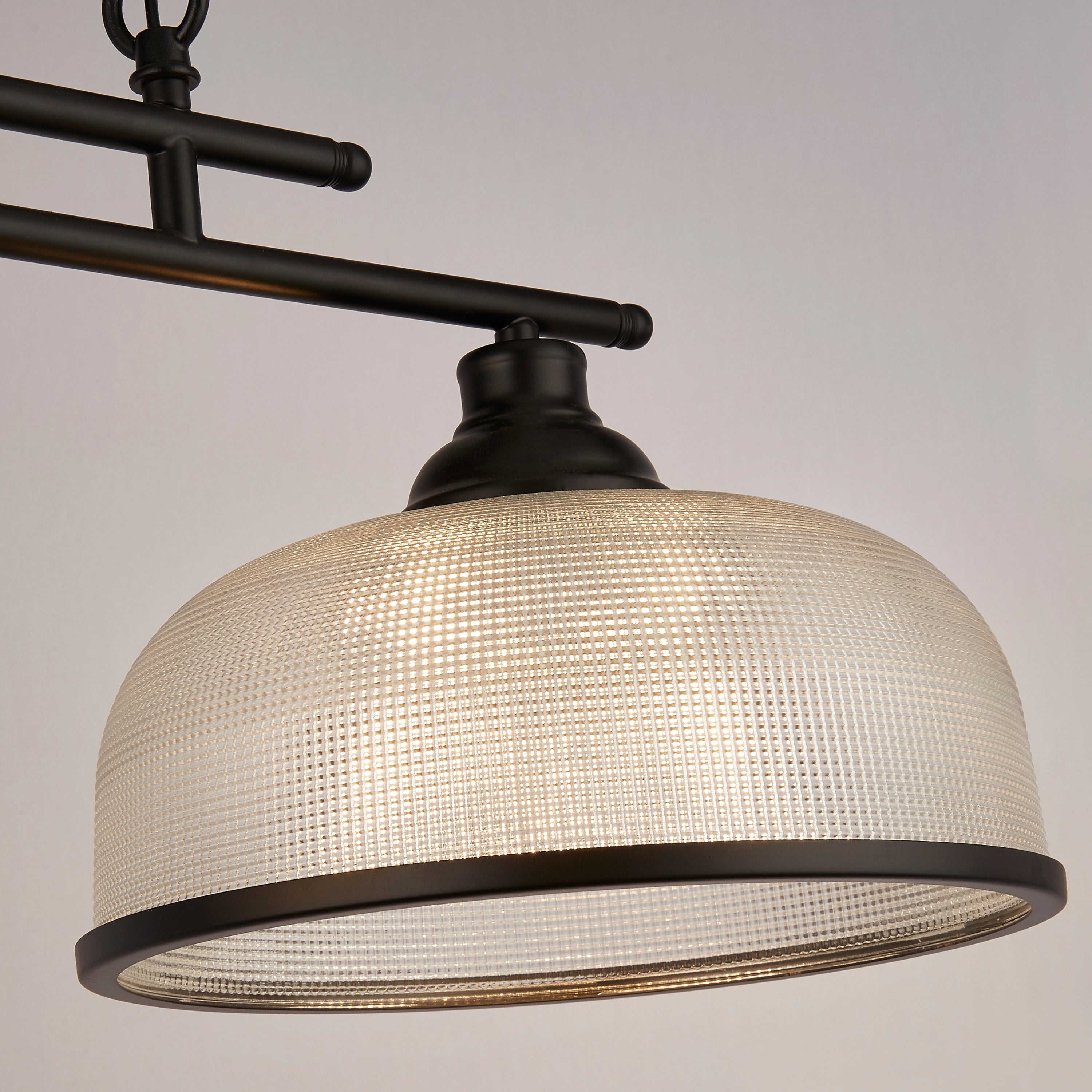 Searchlight Highworth 3 Light Black Bar Pendant - Holophane Style Glass Shade