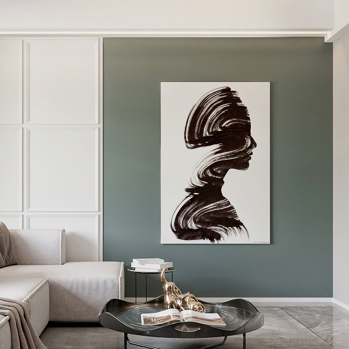 Green wall with a large monochrome print and grey sofa in a room for the Specs ceiling light