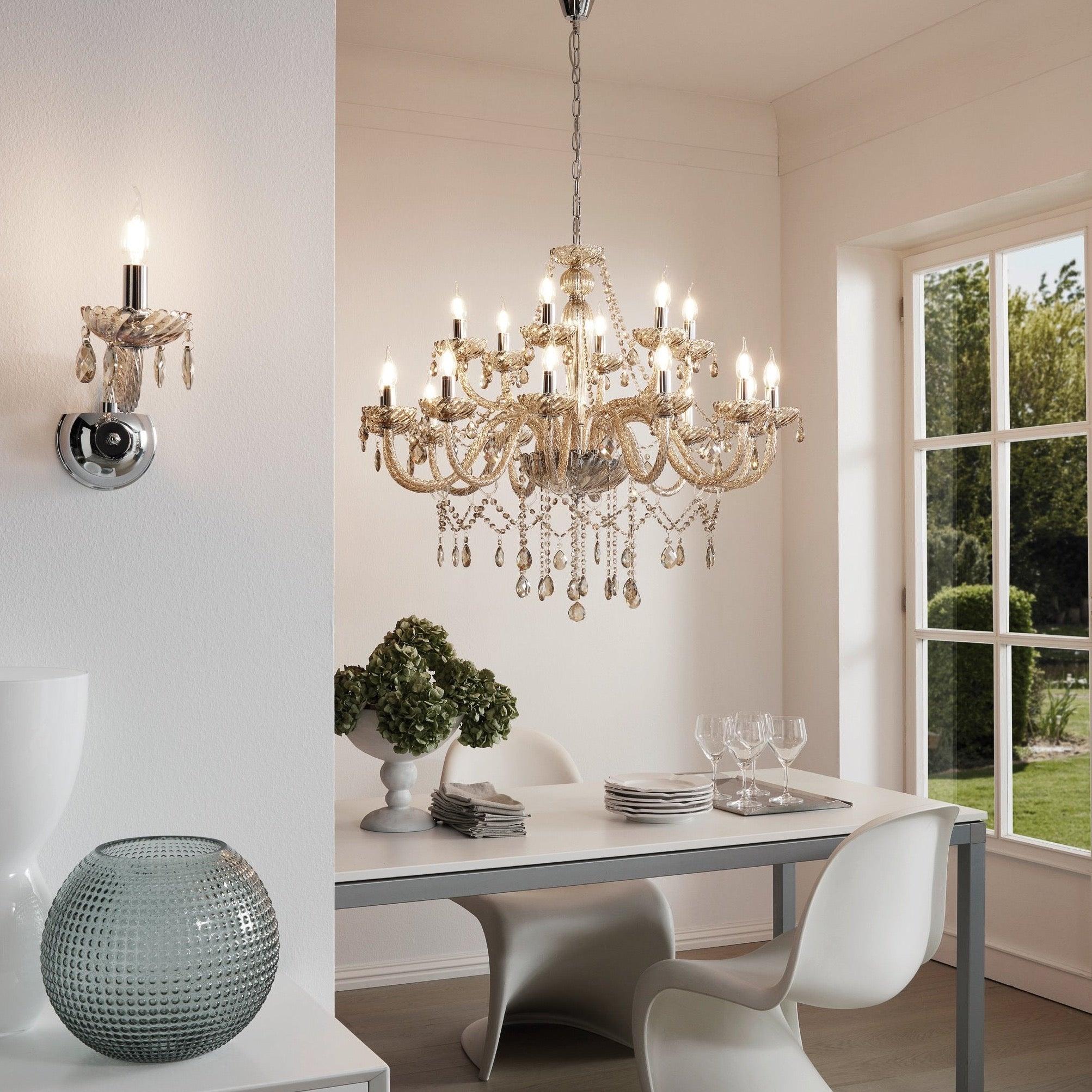 eglo basilano 18 light chrome cognac glass chandelier