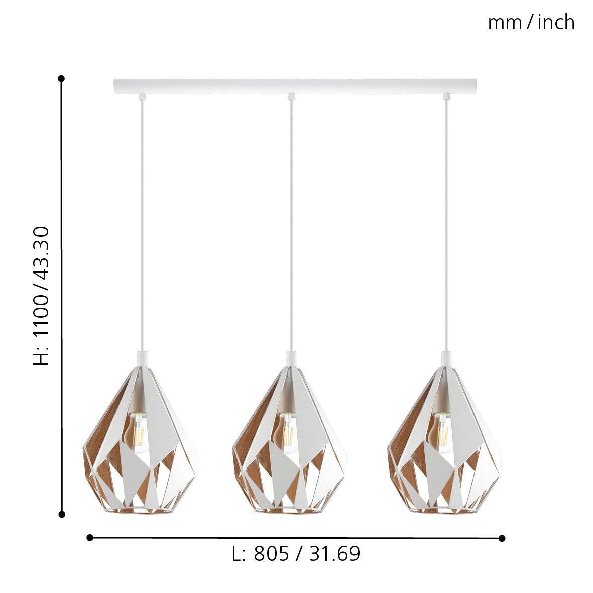 eglo carlton 1 3 light white diamond shaped metal pendant living room close up