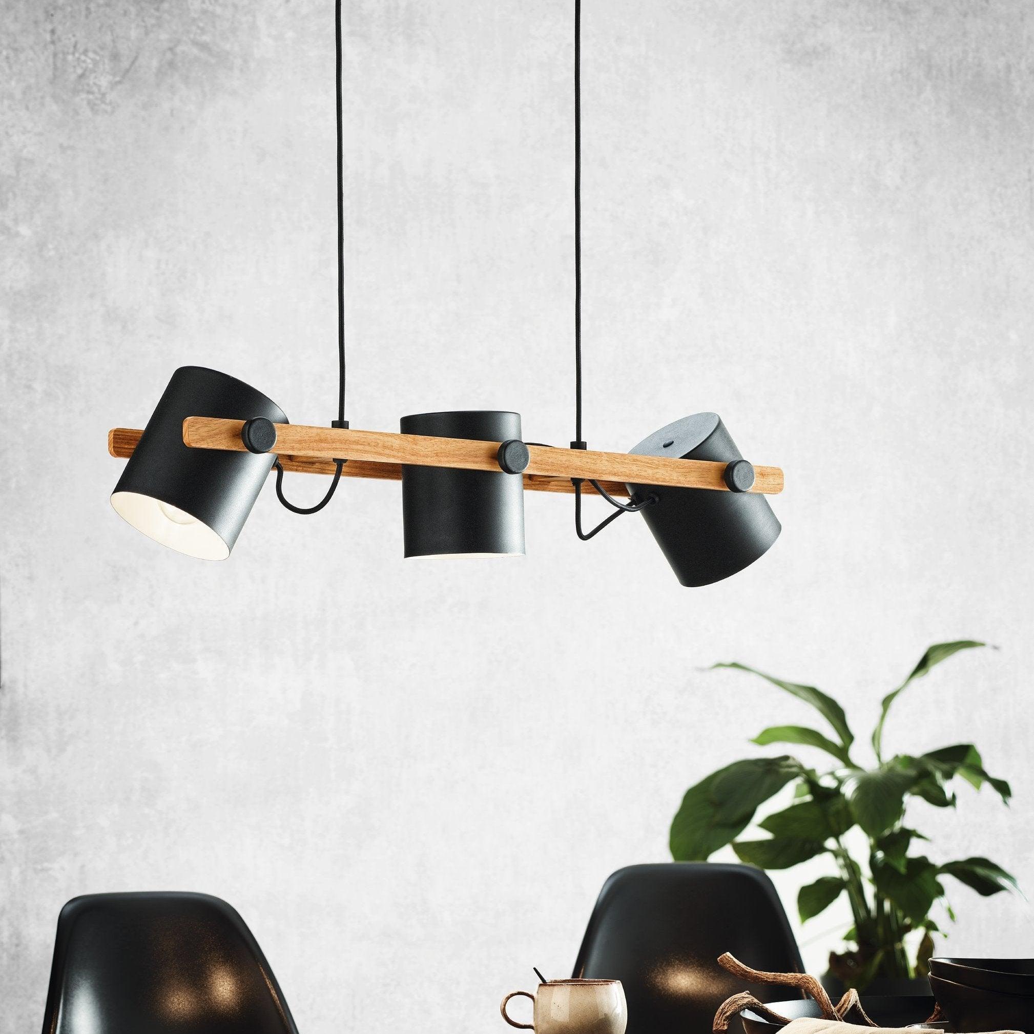 eglo hornwood wooden bar ceiling pendant with black shades living room close up