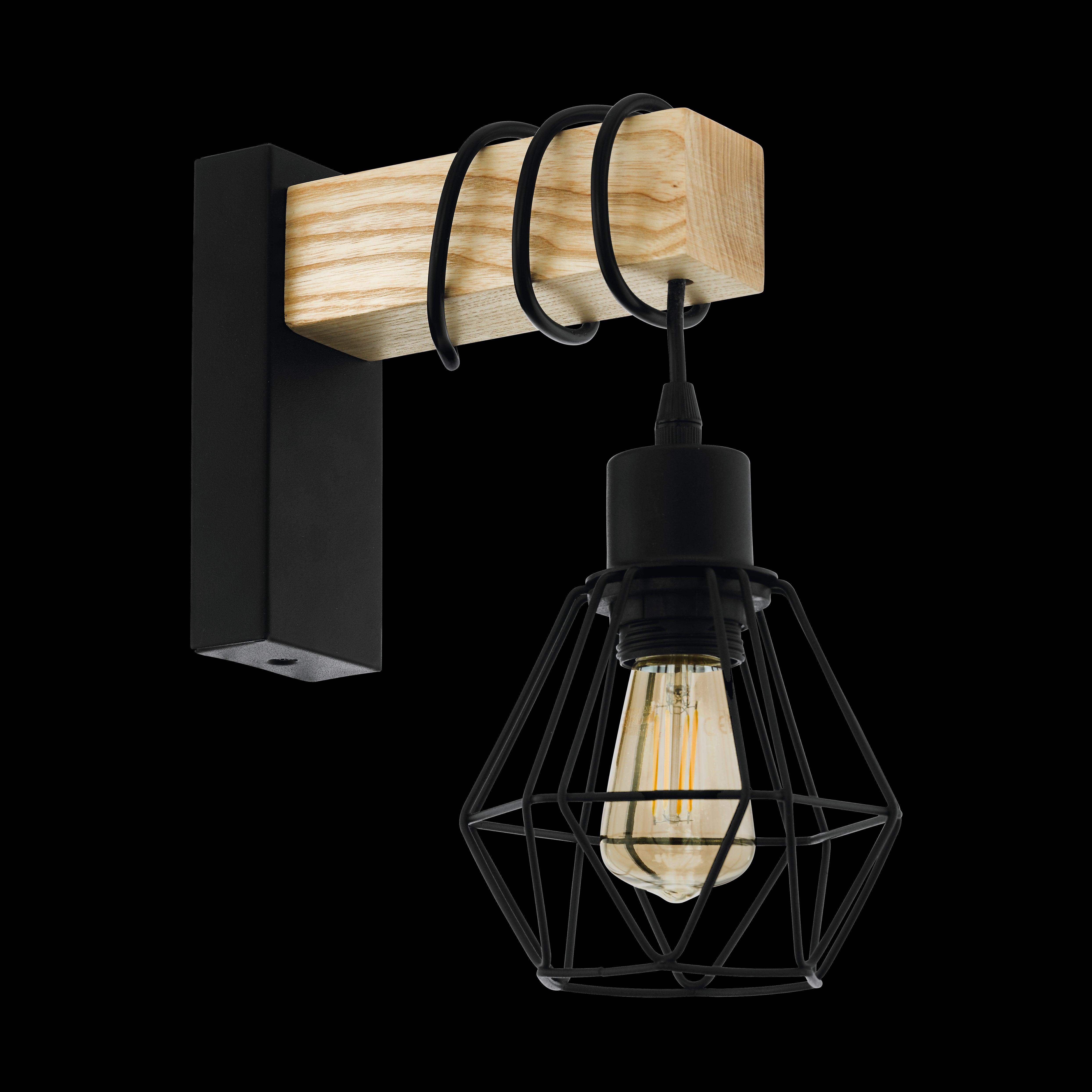 eglo townshend 5 black wood wall light wire caged shade living room close up