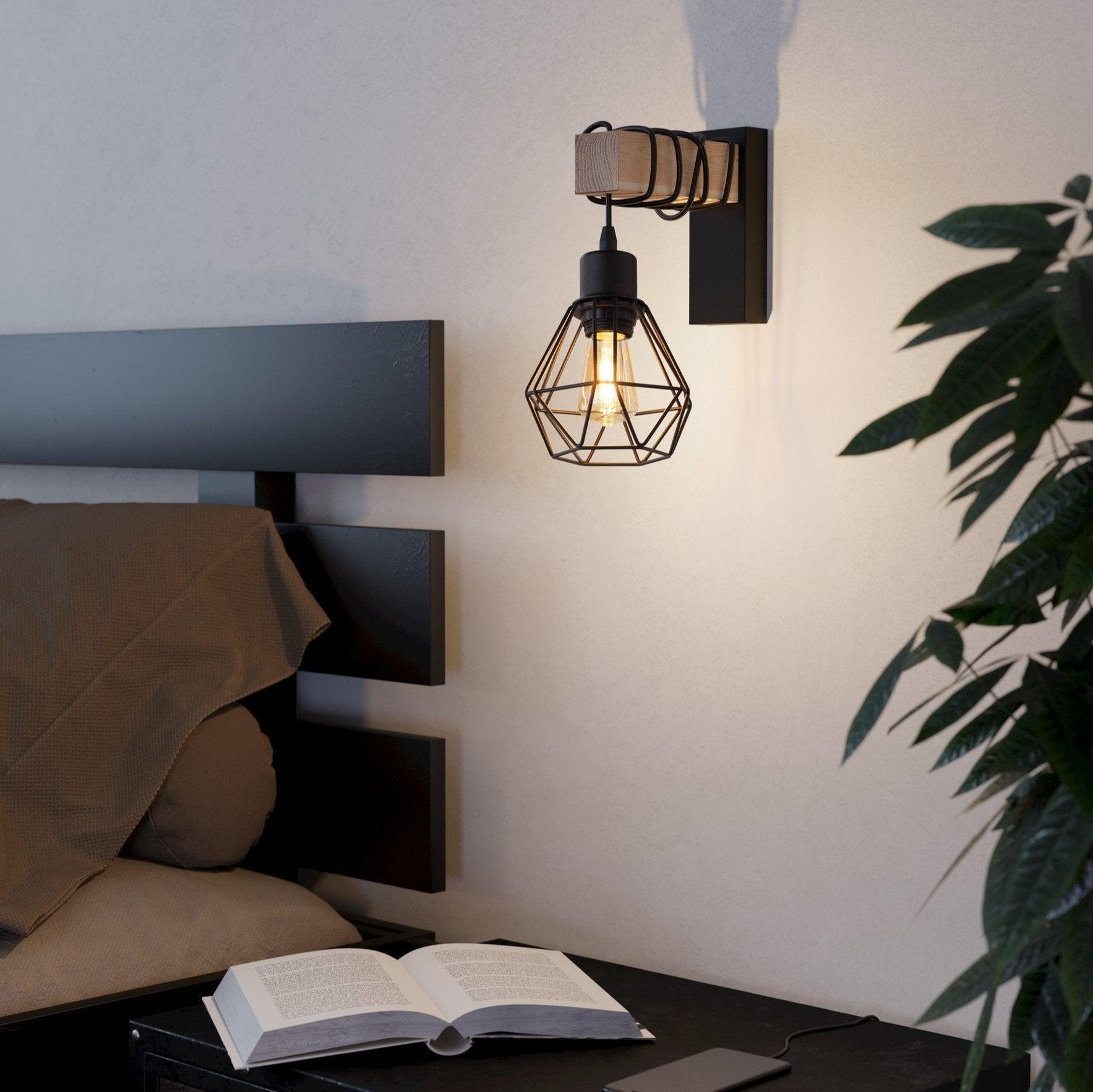 eglo townshend 5 black wood wall light wire caged shade