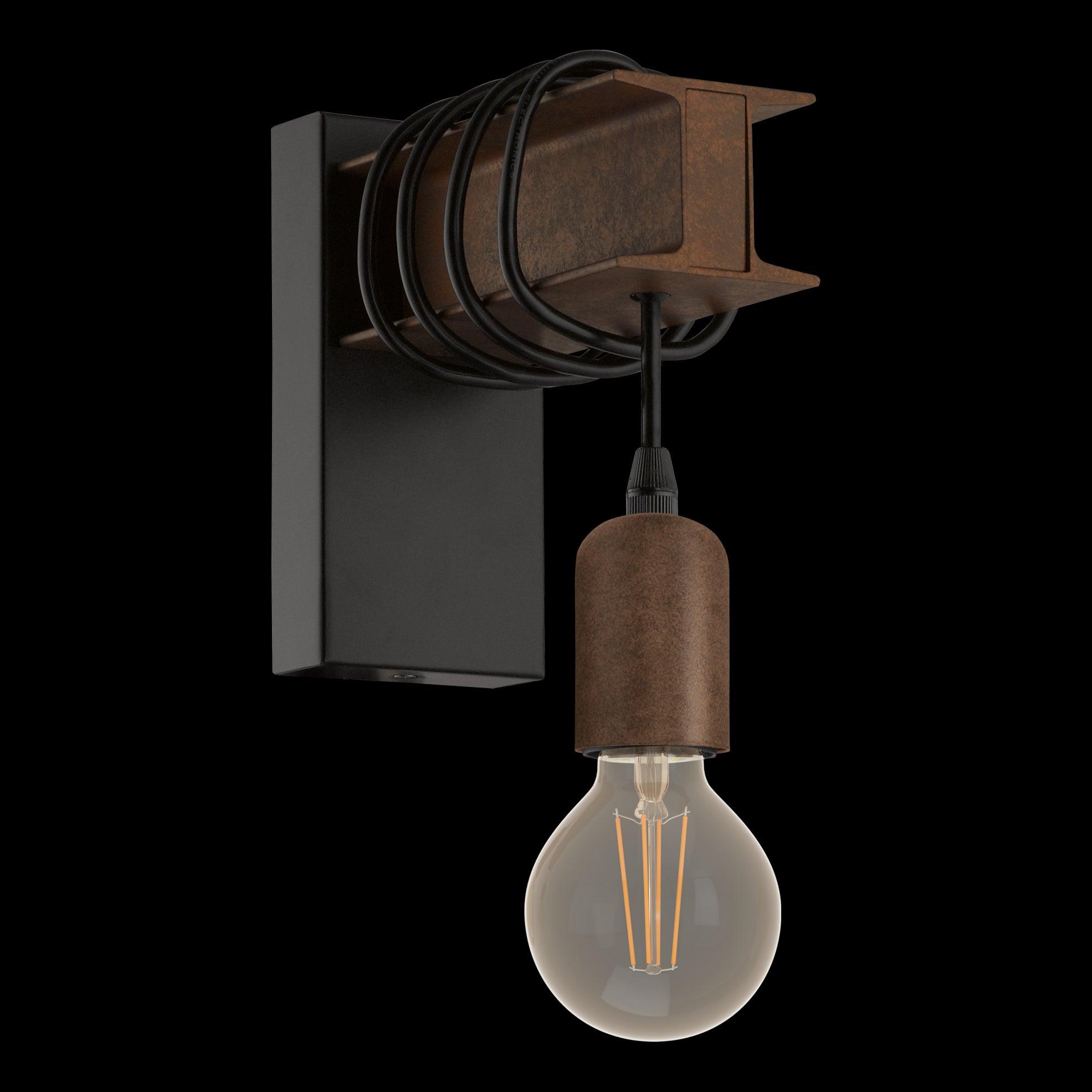 eglo townshend 4 black rust brown industrial wall light living room close up