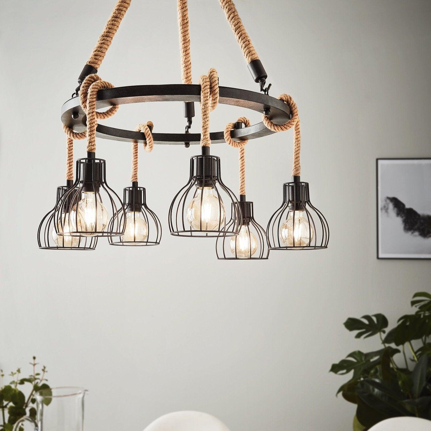 eglo rampside rope 6 light ceiling pendant black wire shades living room close up