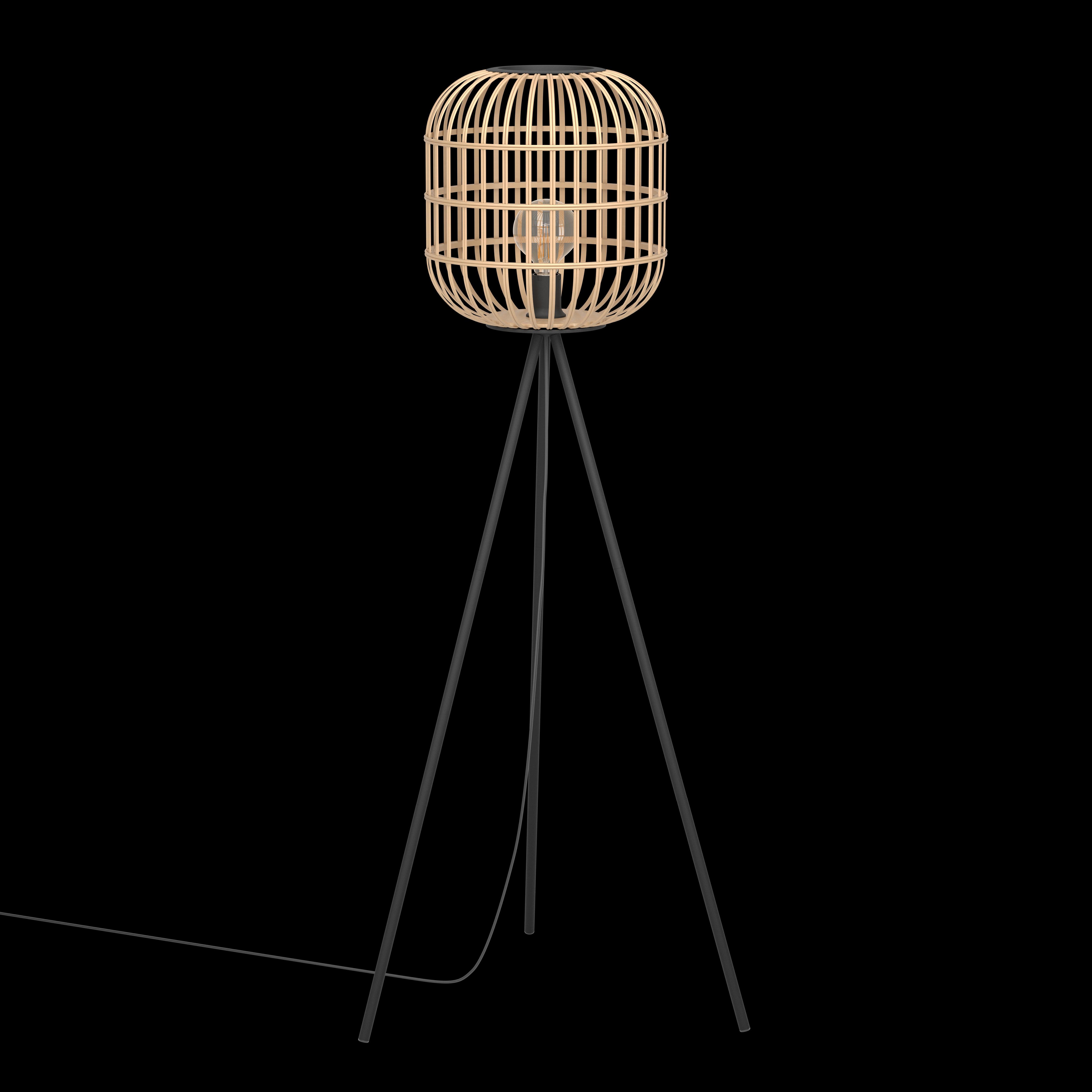 eglo bordesley black metal tripod floor lamp with bamboo shade living room close up