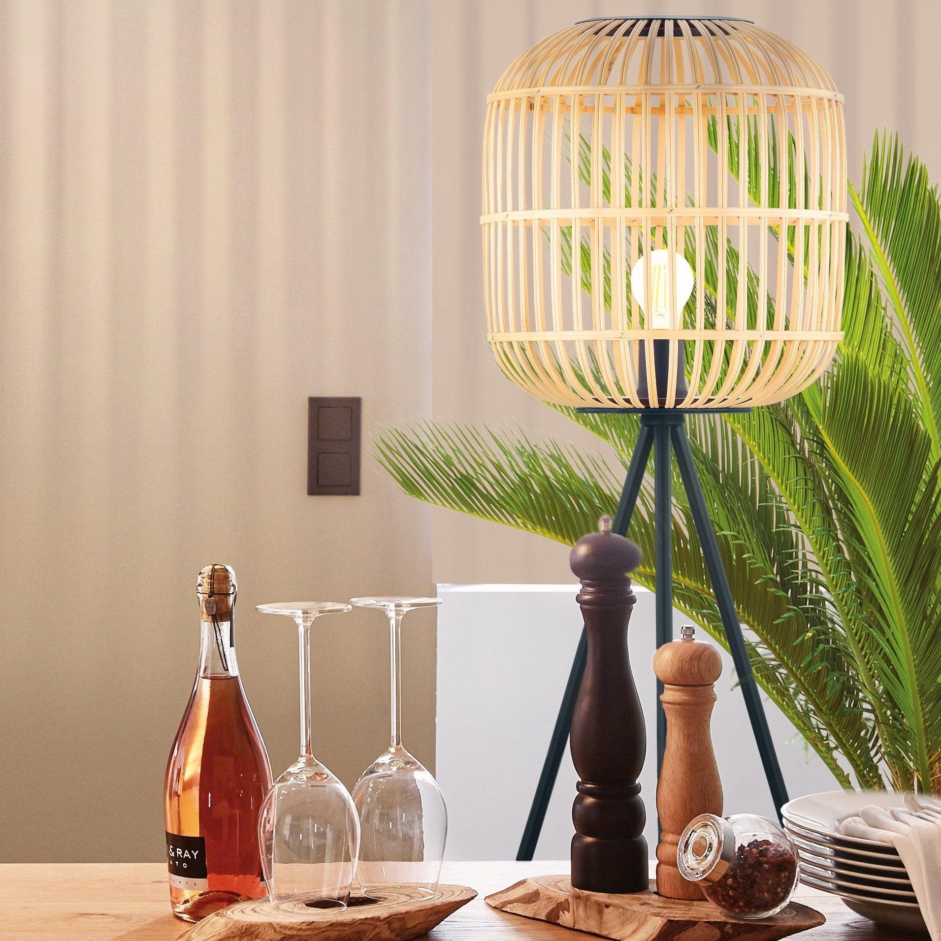 eglo bordesley black metal tripod floor lamp with bamboo shade living room image