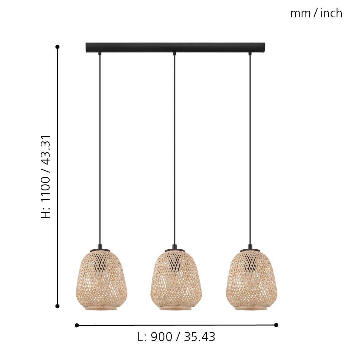 eglo dembleby 3 light wicker lampshade ceiling pendant living room close up
